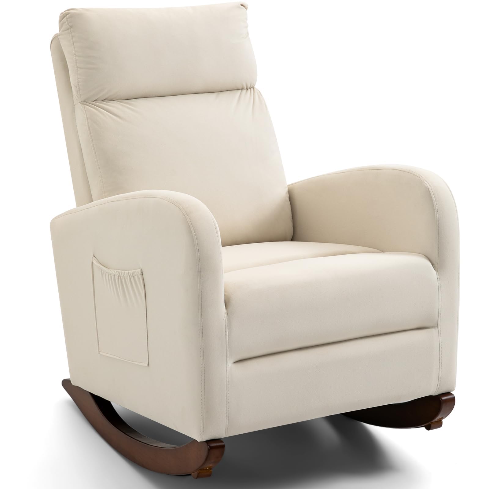 AVAWING Nursery Rocking Chair - Upholstered Glider Chair with Solid Wood Legs & Side Pockets - High Back Rocker for Living Room, Bedroom, Nursery (Beige) - Perfect for Breastfeeding, Reading & Relaxing