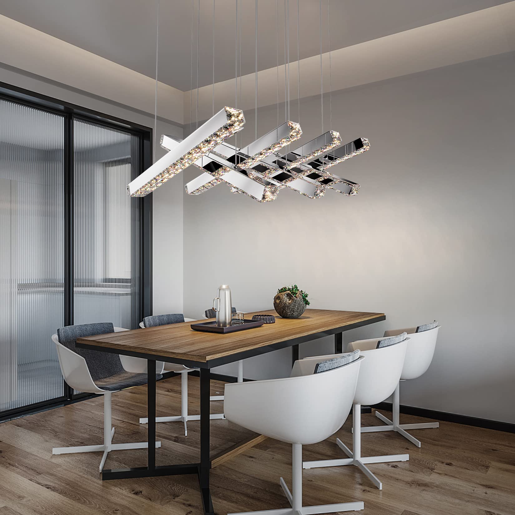 Modern Linear Crystal Chandelier - Contemporary Luxury LED Ceiling Light Fixture with Clear Crystals for Dining Room, Bedroom & Living Room - Perfect Above Table Lighting for Elegant Home Decor