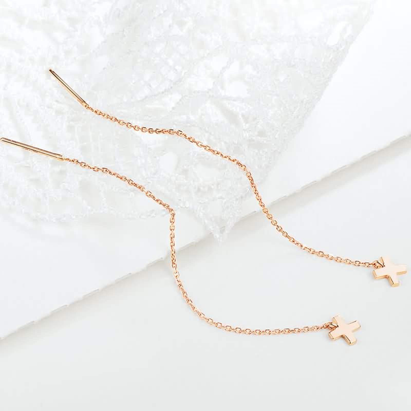 18K Rose Gold Dangle Earrings for Women - Elegant Cross Drop Thread Earrings for Wedding, Bridesmaid & Special Occasions | Perfect Gift for Her