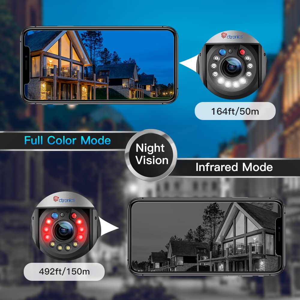 Ctronics 30X Optical Zoom 5MP Outdoor Security Camera with WiFi 2.4/5GHz, PTZ Auto Tracking, Human Detection, 492ft Night Vision, 2-Way Audio, Sound & Light Alarm - Ideal for Home Security, Business Surveillance, and Outdoor Monitoring