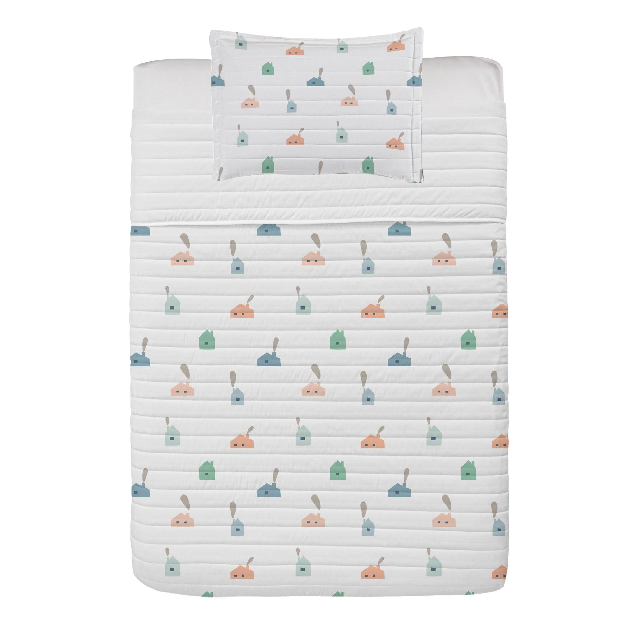 Ambesonne Minimalist Microfiber Bedspread Set - Geometric Scandinavian Style Bedding with Pillow Sham & Comforter, Twin Size in White, Pale Teal & Grey | Soft Pastel Home Decor for Modern Bedrooms, Guest Rooms & Dorm Essentials