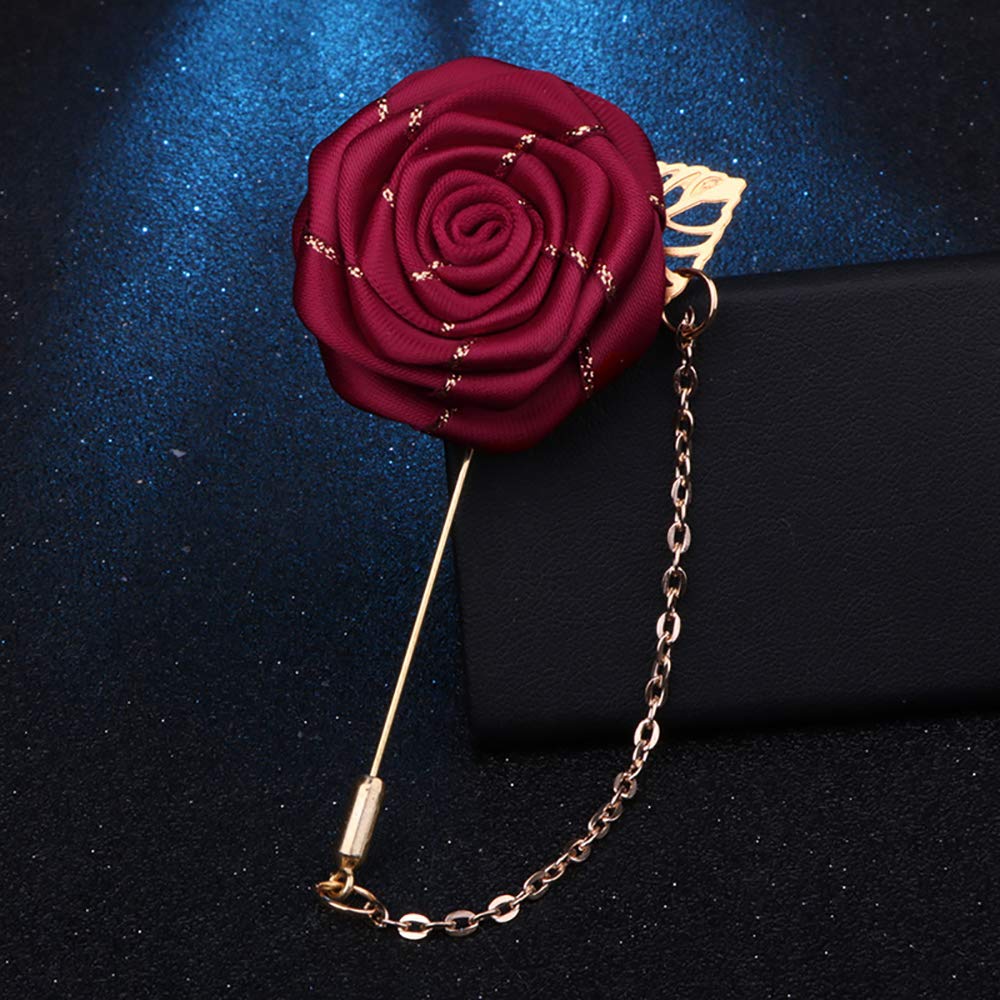 Handmade Gold Leaf Rose Flower Brooch for Men - Red & Blue Floral Lapel Pin for Suits, Weddings & Formal Events - Elegant Boutonniere for Grooms, Prom & Business Attire