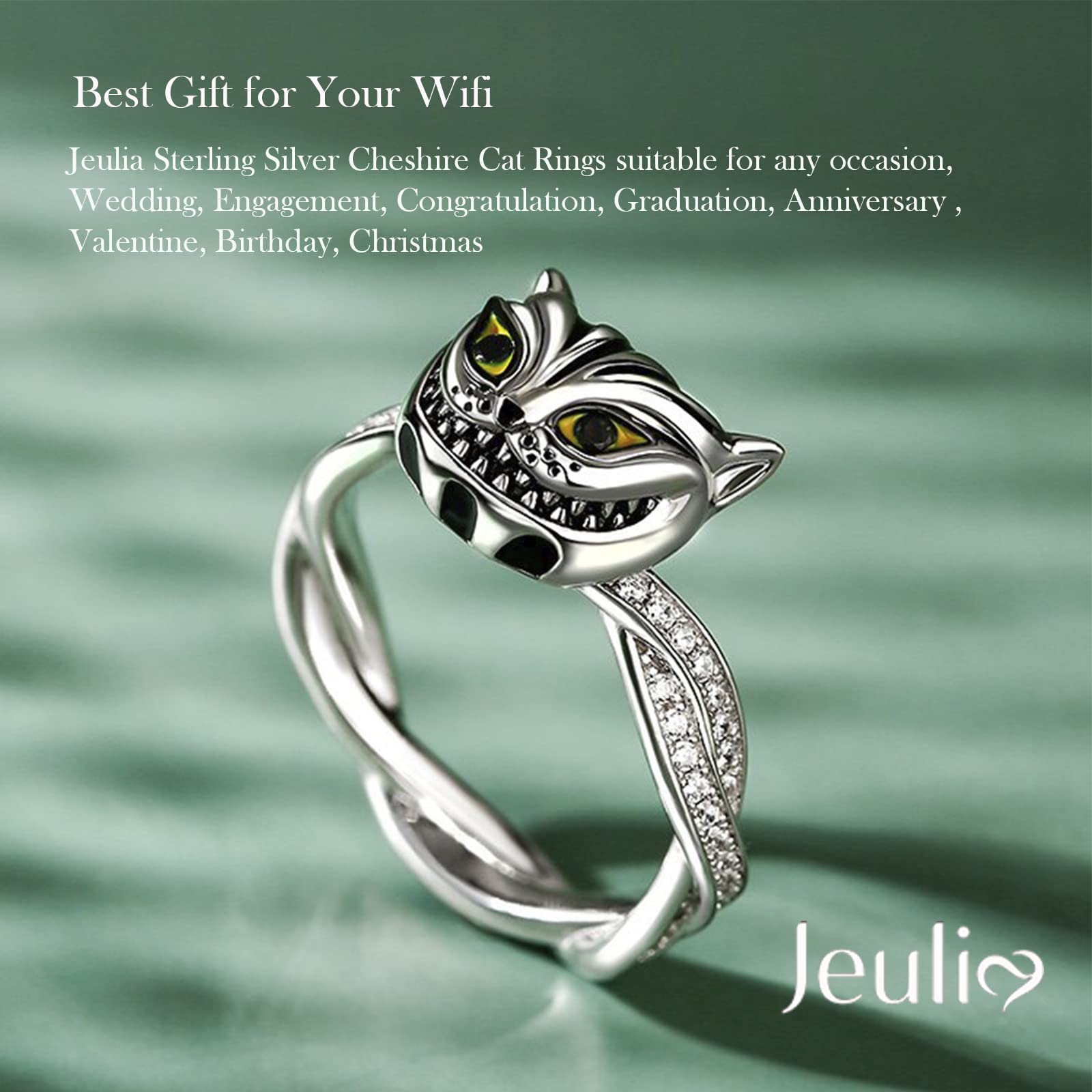 Jeulia Sterling Silver Cheshire Cat Rings for Women - Enamel Handmade Diamond Rings with White & Black Cubic Zirconia - Elegant Bridal Set for Wedding, Anniversary, Engagement & Promise - Perfect Gift with Jewelry Box (Ideal for Alice in Wonderland Themed Parties, Cosplay & Unique Fashion Statements)