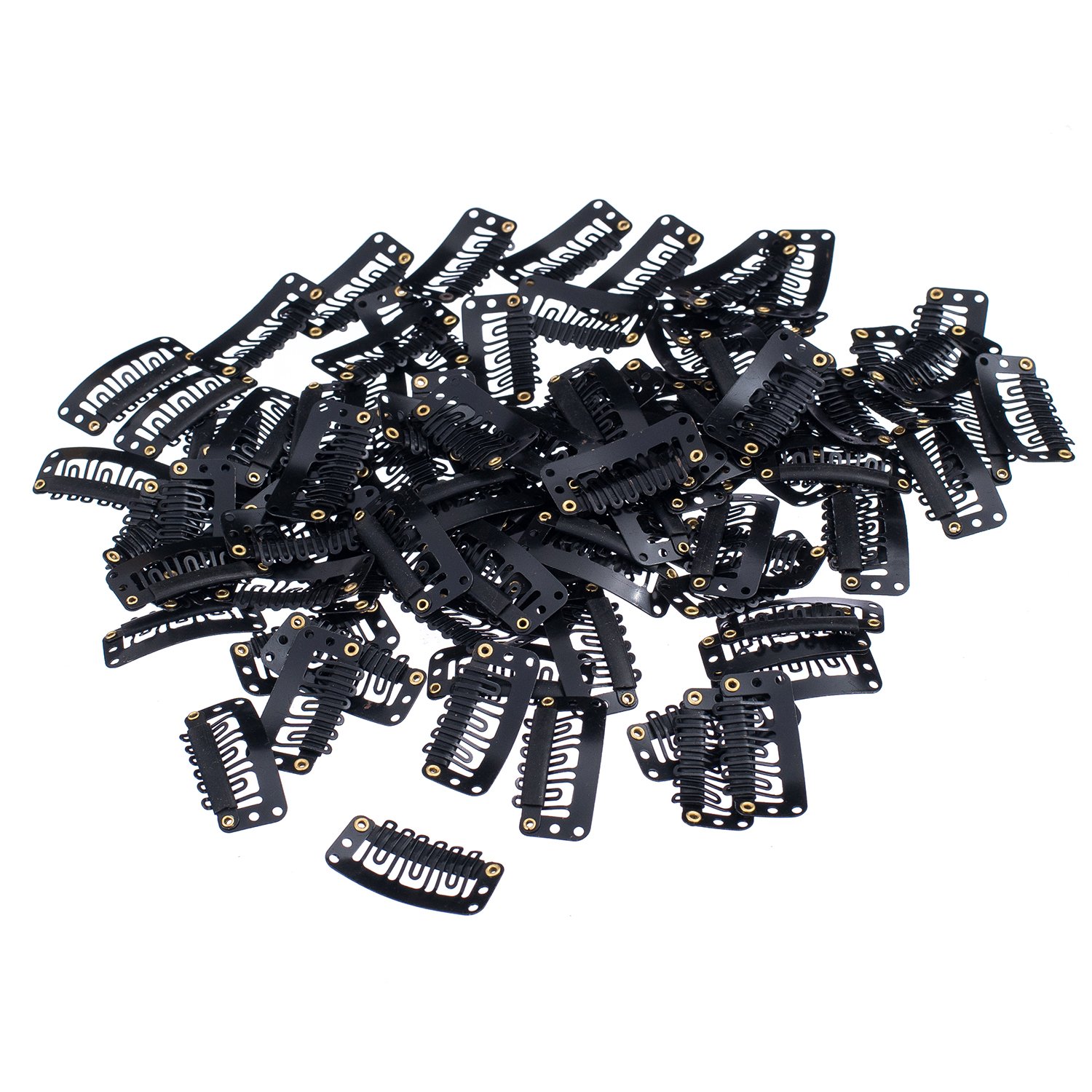 100 Pcs U-Shape Metallic Snap Hair Clips for Extensions, DIY Wig Making, Hairpieces - Black Rubber Coated 6-Hole Snap Comb Clips (Great for Cosplay, Daily Styling & Hair Accessories)