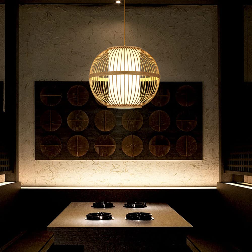 Rustic Asian Teahouse Chandelier - Handmade Bamboo Globe Pendant Light with E27 Socket, Pastoral Lighting Fixture for Cafe, Bar & Restaurant - Perfect for Zen Decor, Boho Interior Design and Asian-Themed Spaces