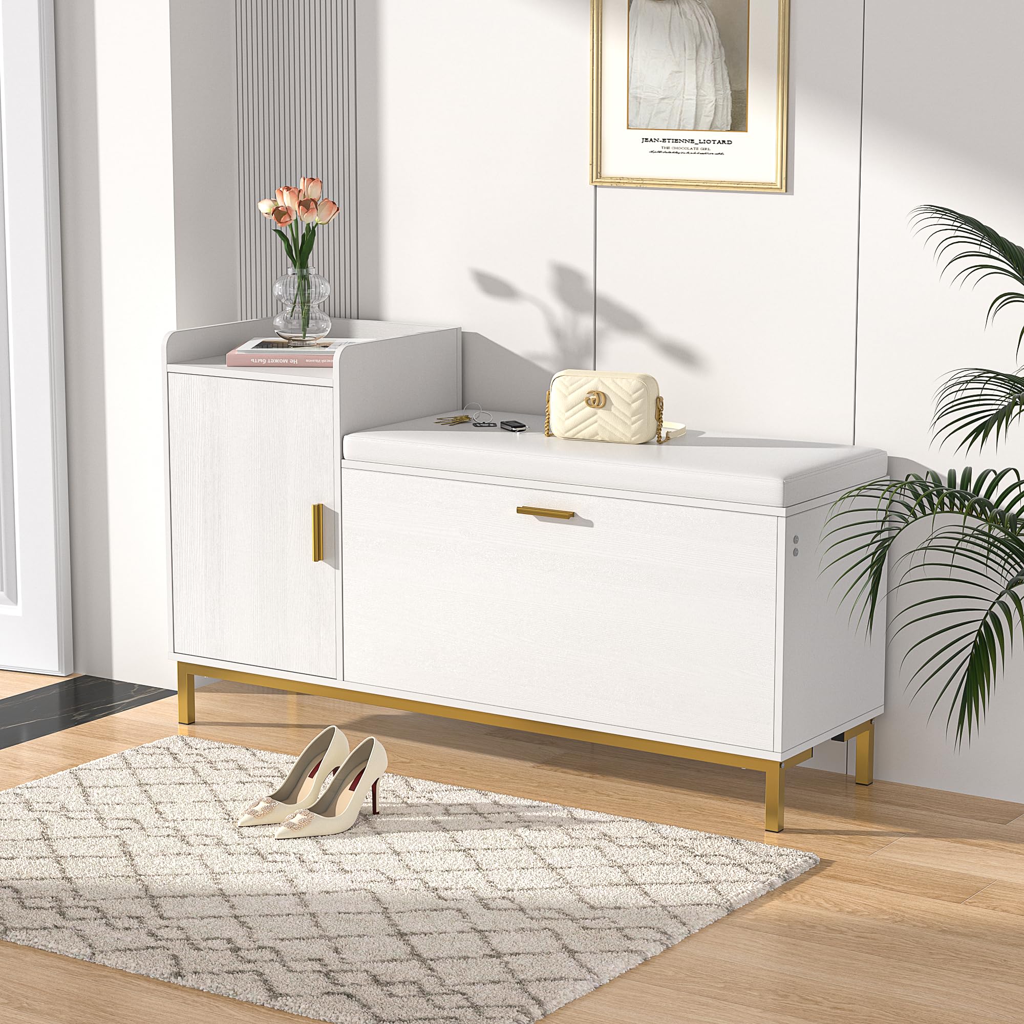 VECELO 2-Tier Shoe Storage Bench with Flip Drawers - Slim White Entryway Organizer with Removable Seat Cushion for Bedroom, Hallway & Living Room - Perfect for Small Spaces & Home Organization