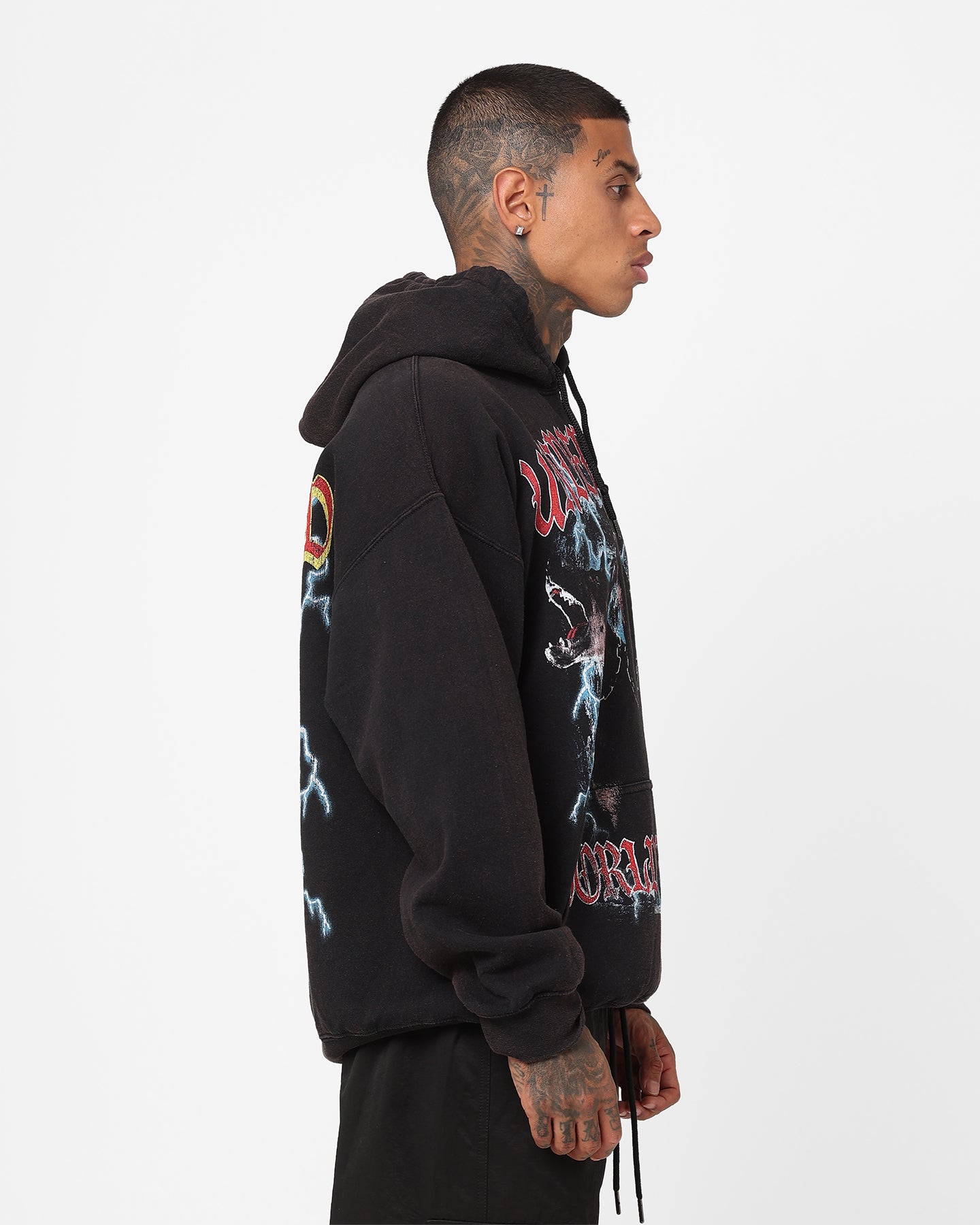 Vintage American Thrift Underworld Tour Hoodie - Distressed Black Wash | Streetwear Fashion for Concerts & Urban Style