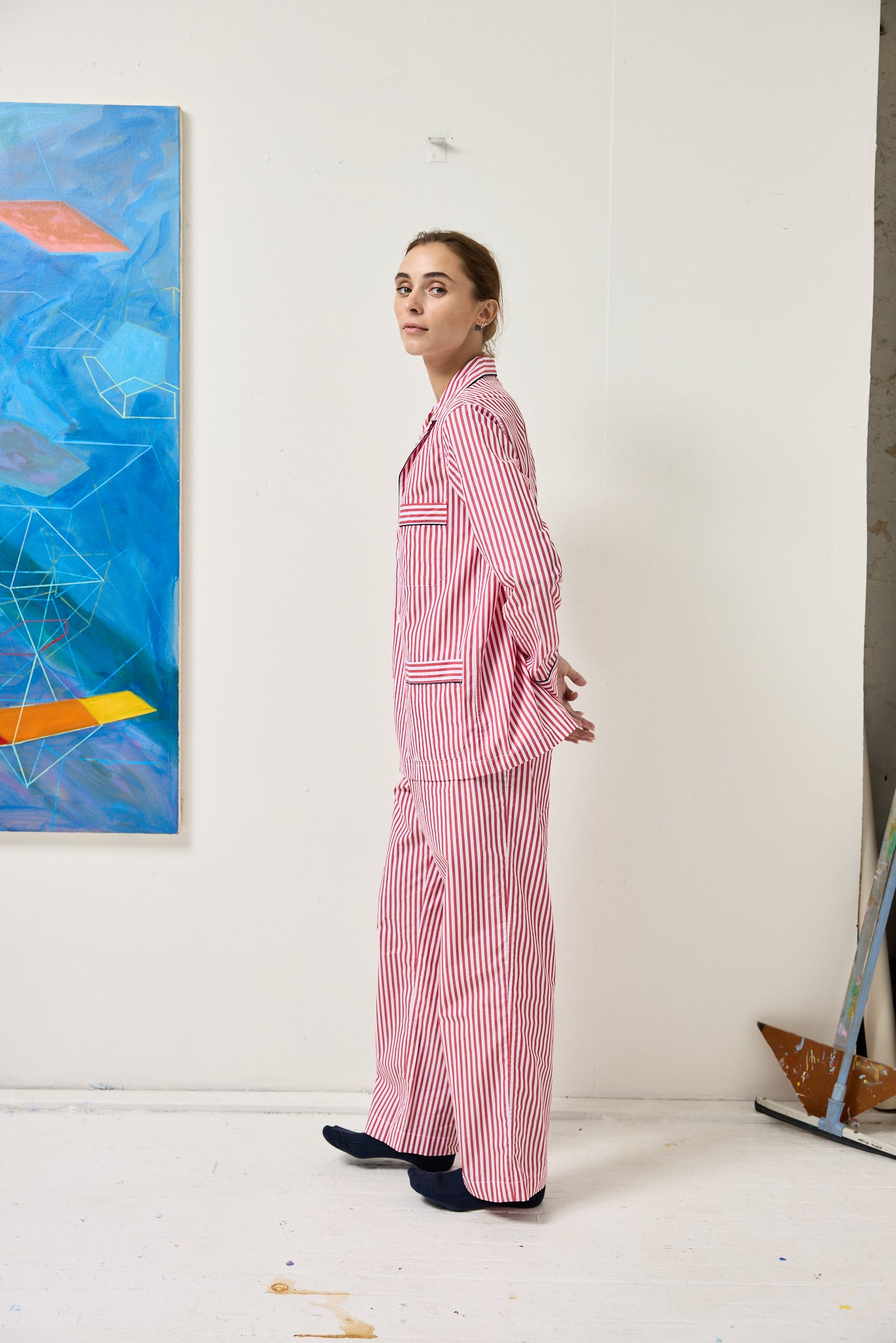 Schostal x Alex Mill Striped Long Sleeve Pajama Set for Women - Soft Cotton Sleepwear with Button Front - Cozy Loungewear for Nighttime & Relaxation at Home