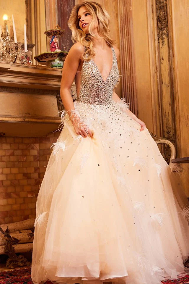 Jovani 24255 Nude Silver Beaded V-Neck Evening Ballgown - Elegant Formal Dress for Prom, Wedding & Gala Events
