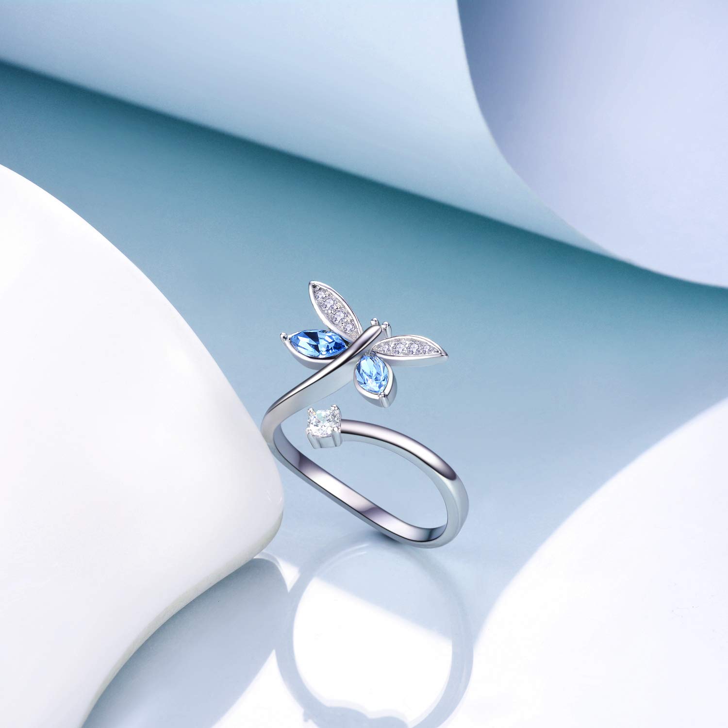 AOBOCO Butterfly Dragonfly Sterling Silver Wrap Ring for Women - Elegant Crystal Jewelry Gift for Her - Perfect for Weddings, Anniversaries & Special Occasions