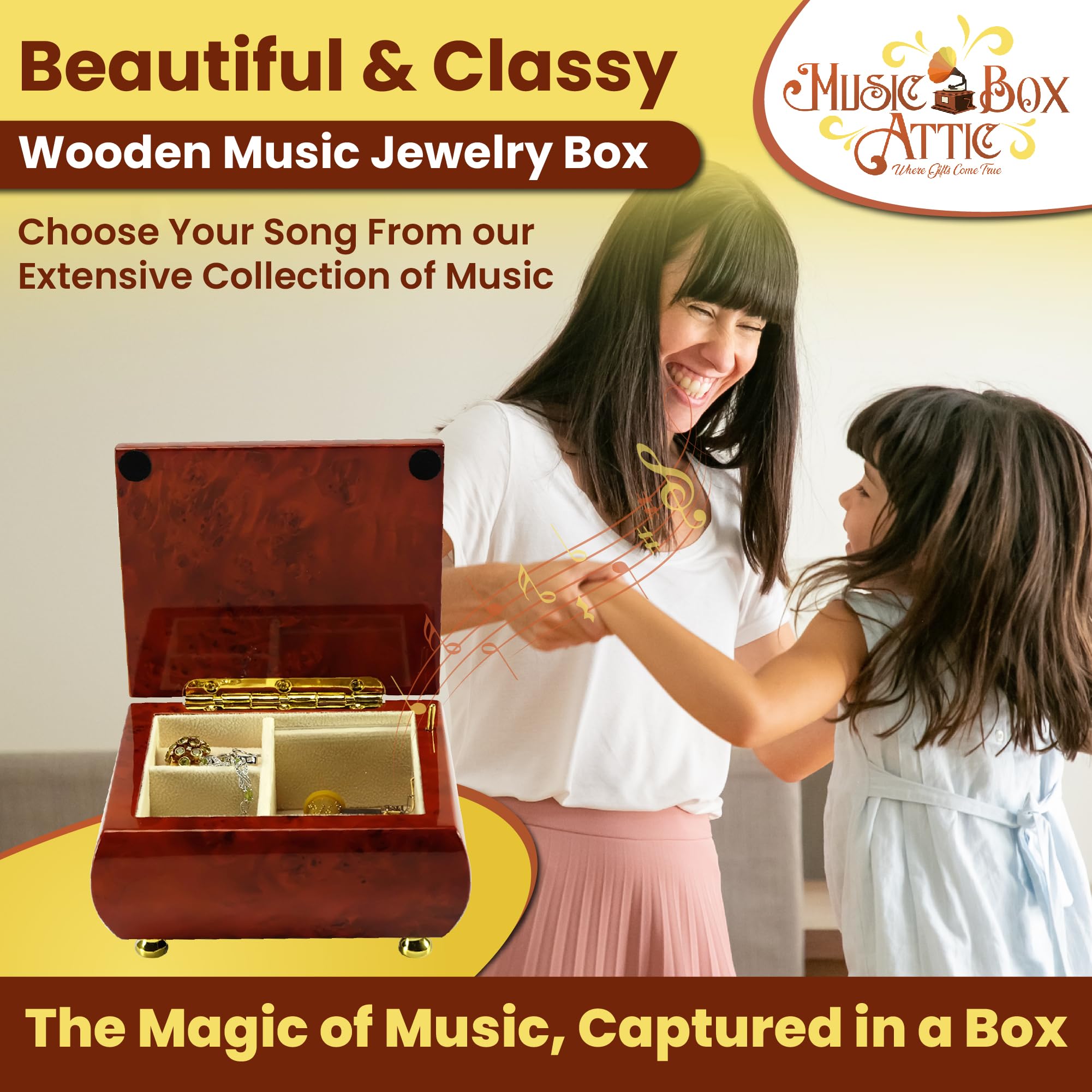 Personalized Wooden Musical Jewelry Box for Women & Girls - Custom Song Jewelry Organizer with Music (Itsy Bitsy Spider) - 5.0 x 4.5 x 2.5