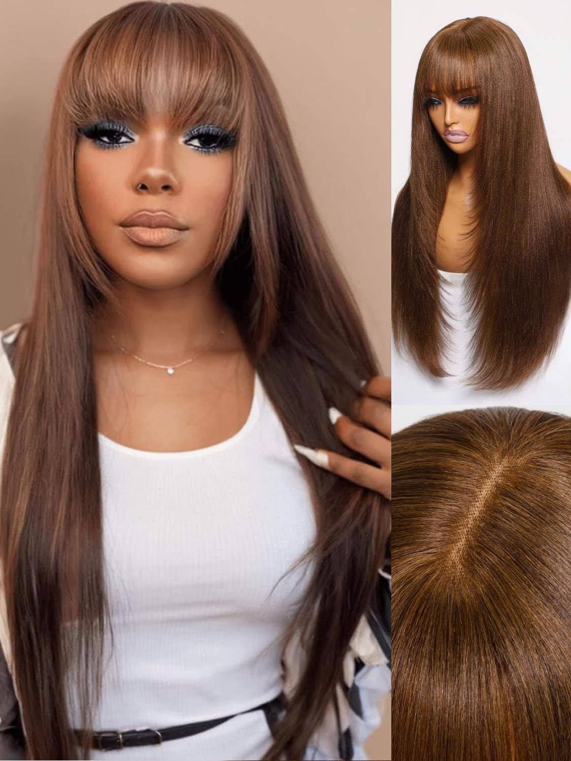 Beauty Forever Chocolate Brown Yaki Straight Human Hair Wig with Bangs - 24 Inch Glueless HD Lace Front Wig #4 Dark Brown | 150% Density, Layered Cut, Ready to Wear & Beginner Friendly | Perfect for Daily Wear, Cosplay, and Special Occasions