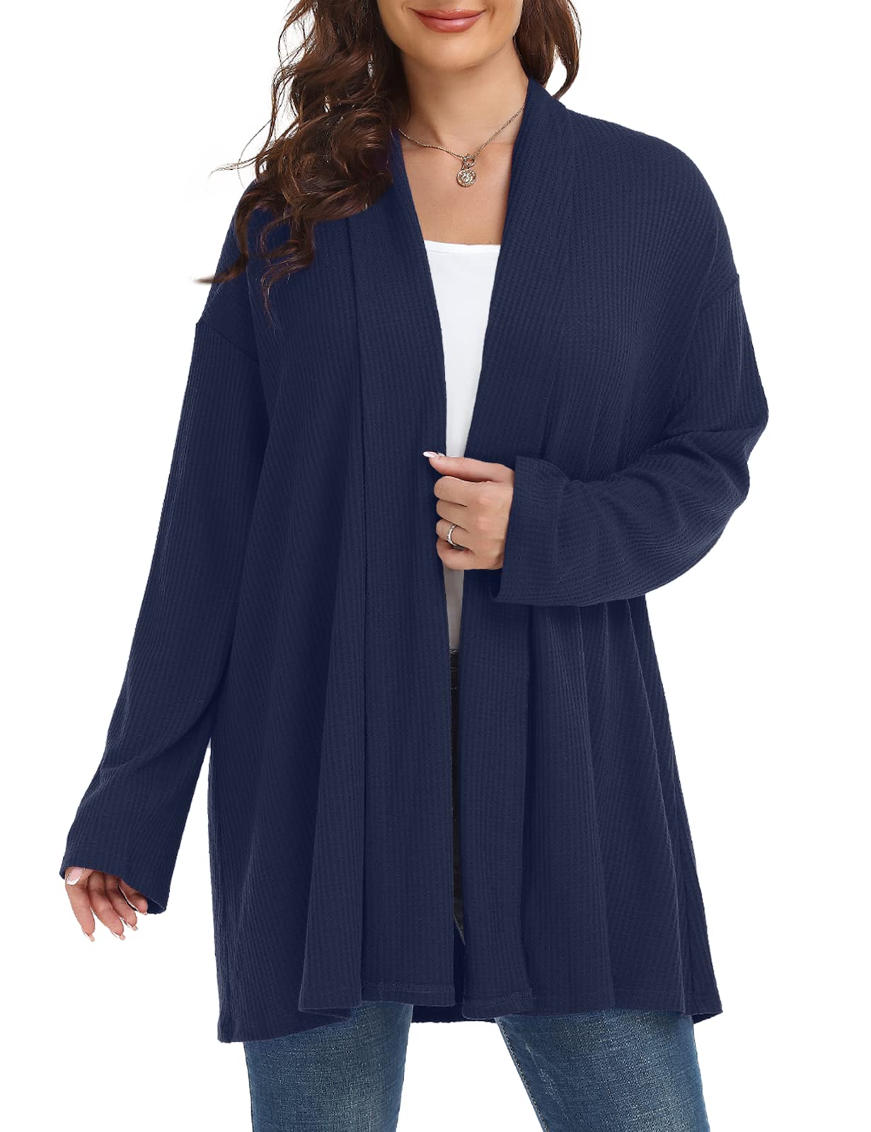 MONNURO Plus Size Cardigan for Women - Open Front Batwing Long Sleeve Waffle Knit Sweater | Cozy Fall & Winter Layering | Office & Casual Outfit