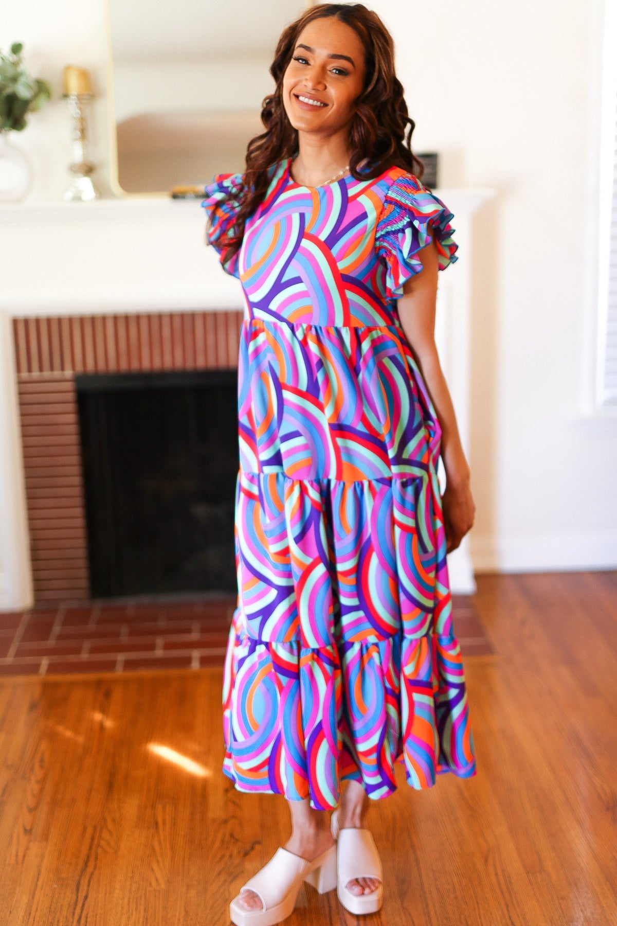 Stylish Purple Abstract Print Smocked Ruffle Sleeve Maxi Dress for Women | Flowy Bohemian Summer Beach Dress | Perfect for Vacations, Weddings & Date Nights