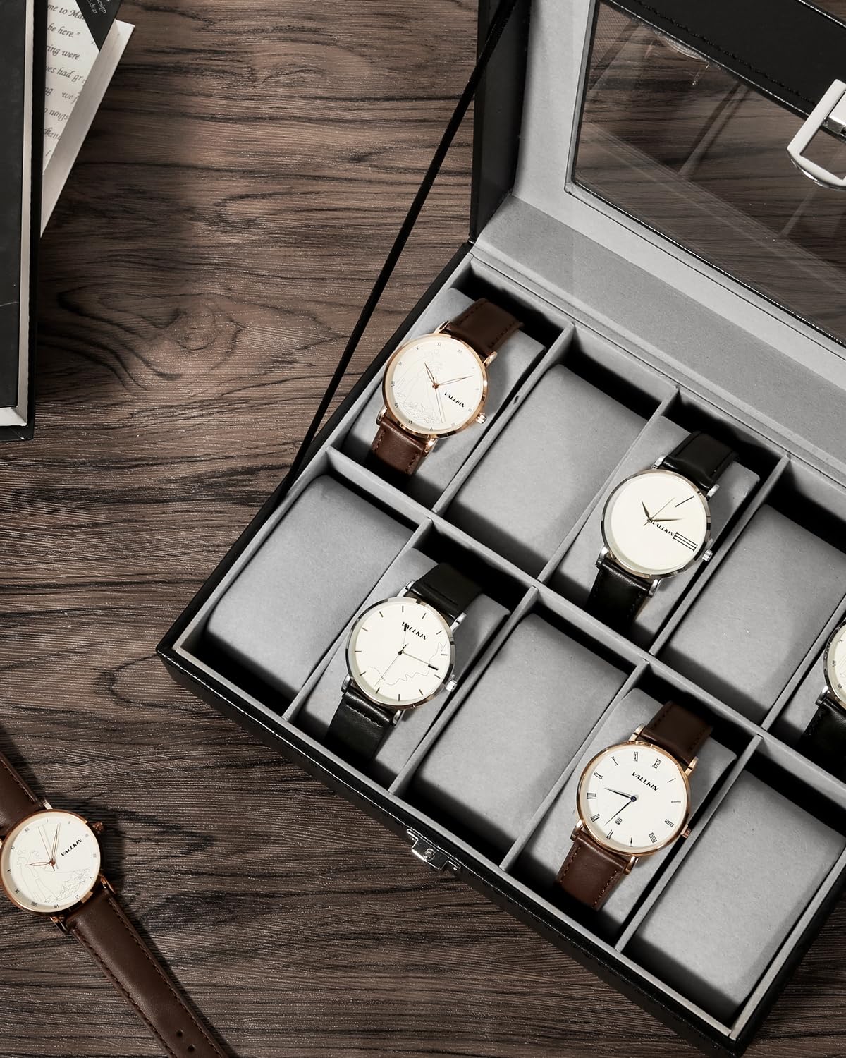 10-Slot Uten Watch Box for Men - PU Leather Watch Display Case with Removable Cushion & Metal Clasp - Luxury Watch Storage Organizer for Travel, Home, and Gift Giving