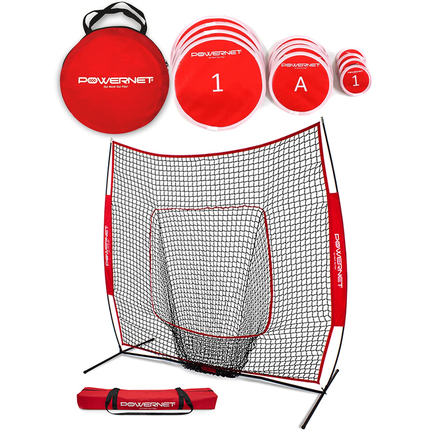 PowerNet 7x7 Baseball & Softball Practice Net with Bow Frame for Hitting, Throwing & Pitching - Red | Includes German Marquez Pitch Perfect Targets | Perfect for Backyard Training, Batting Practice & Fielding Drills