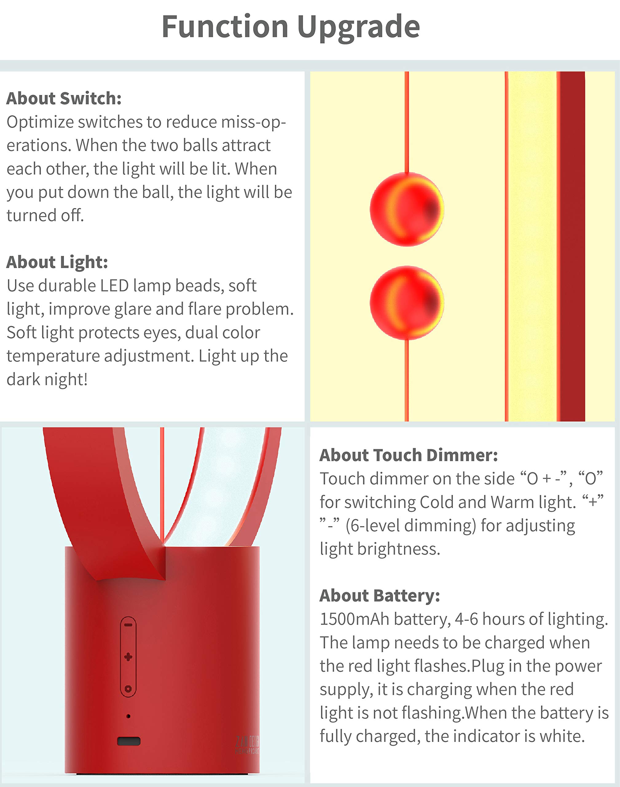 Rechargeable Touch Dimmer Table Lamp for Bedroom - 3-Level Brightness Adjustable Nightstand Lamp, Bedside Balance Light for Home, Office & College Dorm | Perfect as Christmas Gift & Reading Light (Red)