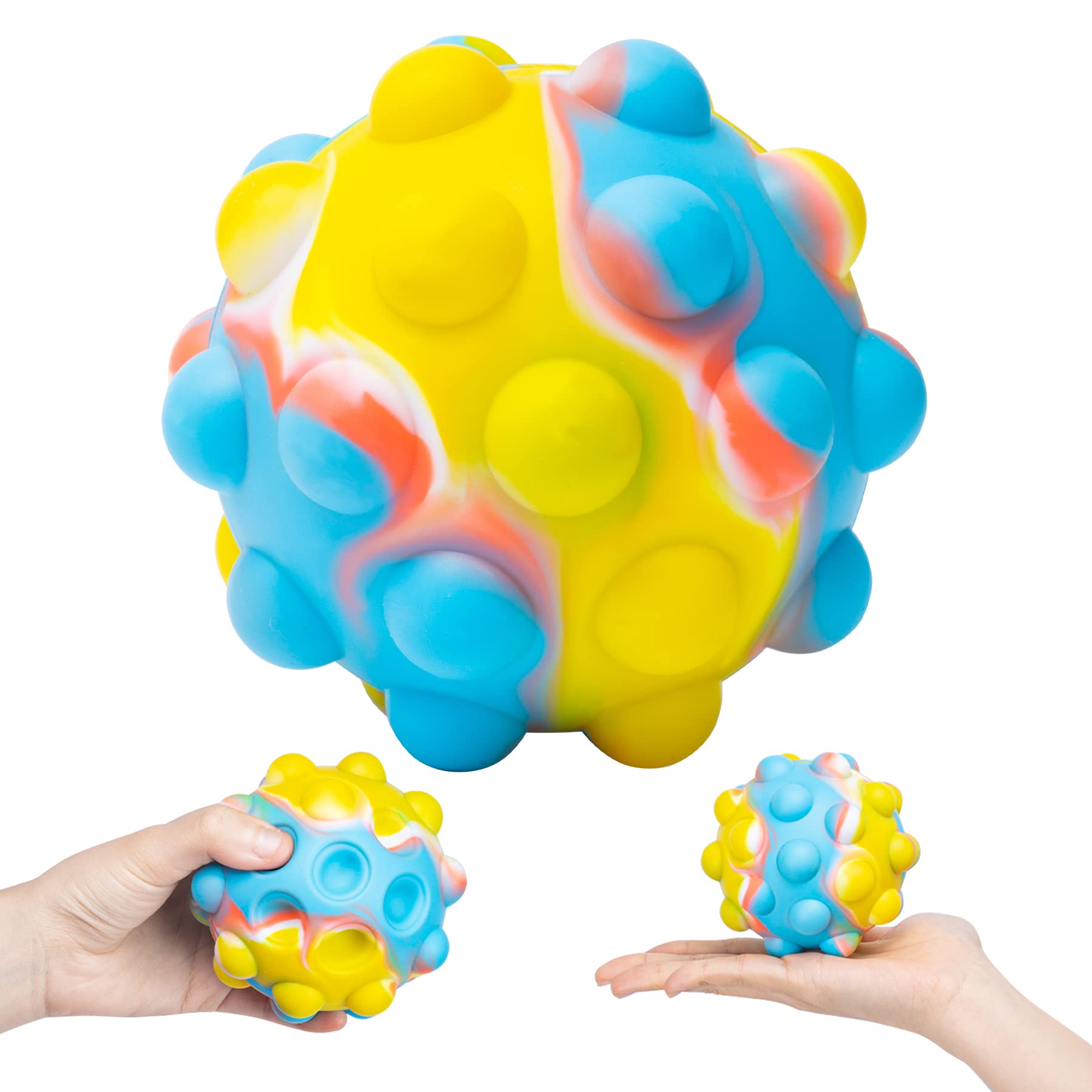 Upgraded Pop Stress Relief Ball Fidget Toy - Big Push Bubble Popping Sensory Squeeze Ball for Kids & Adults - Anxiety Relief, ADHD, Autism Therapy - Perfect for Office, Home & Travel (1PC Yellow-Blue)