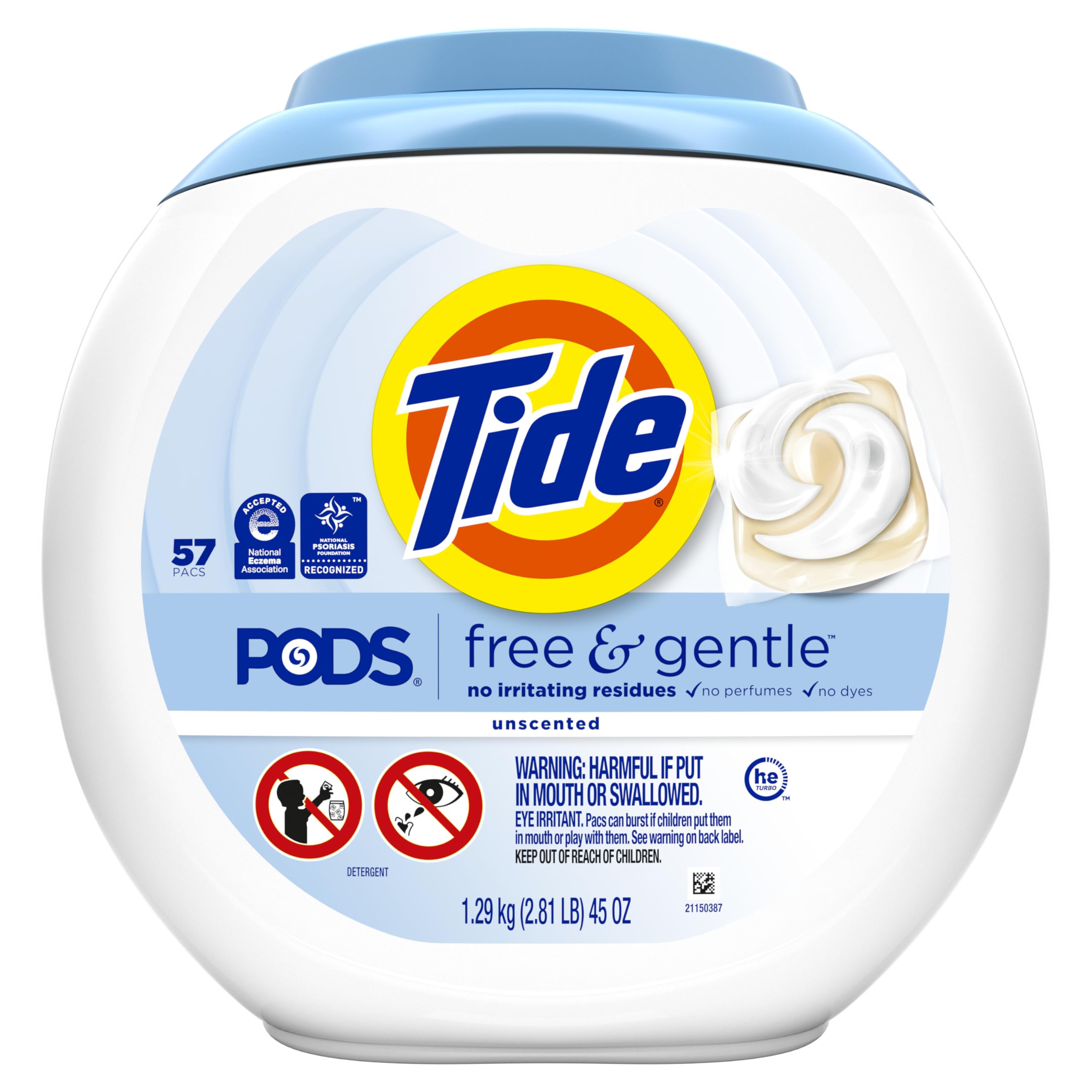 Tide PODS Free & Gentle Laundry Detergent Soap Pacs - Hypoallergenic, 57 Count, HE Compatible for Sensitive Skin - Perfect for Baby Clothes, Gym Wear & Delicate Fabrics