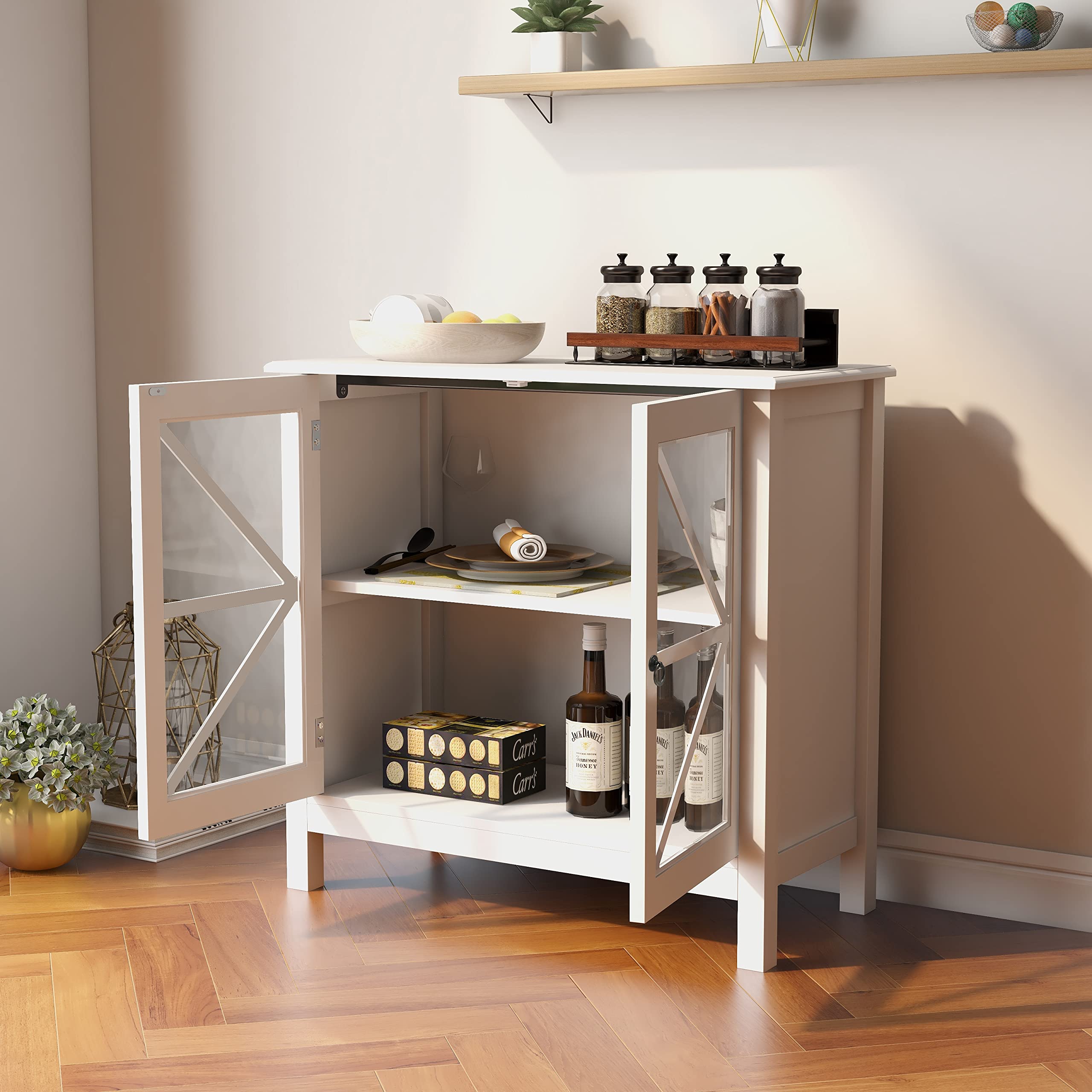 Modern White Storage Cabinet Buffet Sideboard with Clear Glass Doors & Brushed Nickel Handles - 31.5