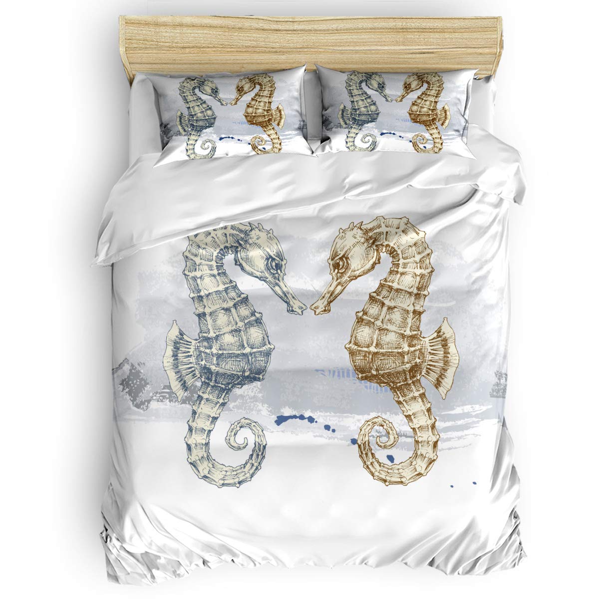 **Sunteeny 4-Piece King Size Duvet Cover Set – Soft Two Hippocampi Design for Kids & Adults – All-Season Comfort – Perfect for Bedrooms, Guest Rooms & Dorm Decor**