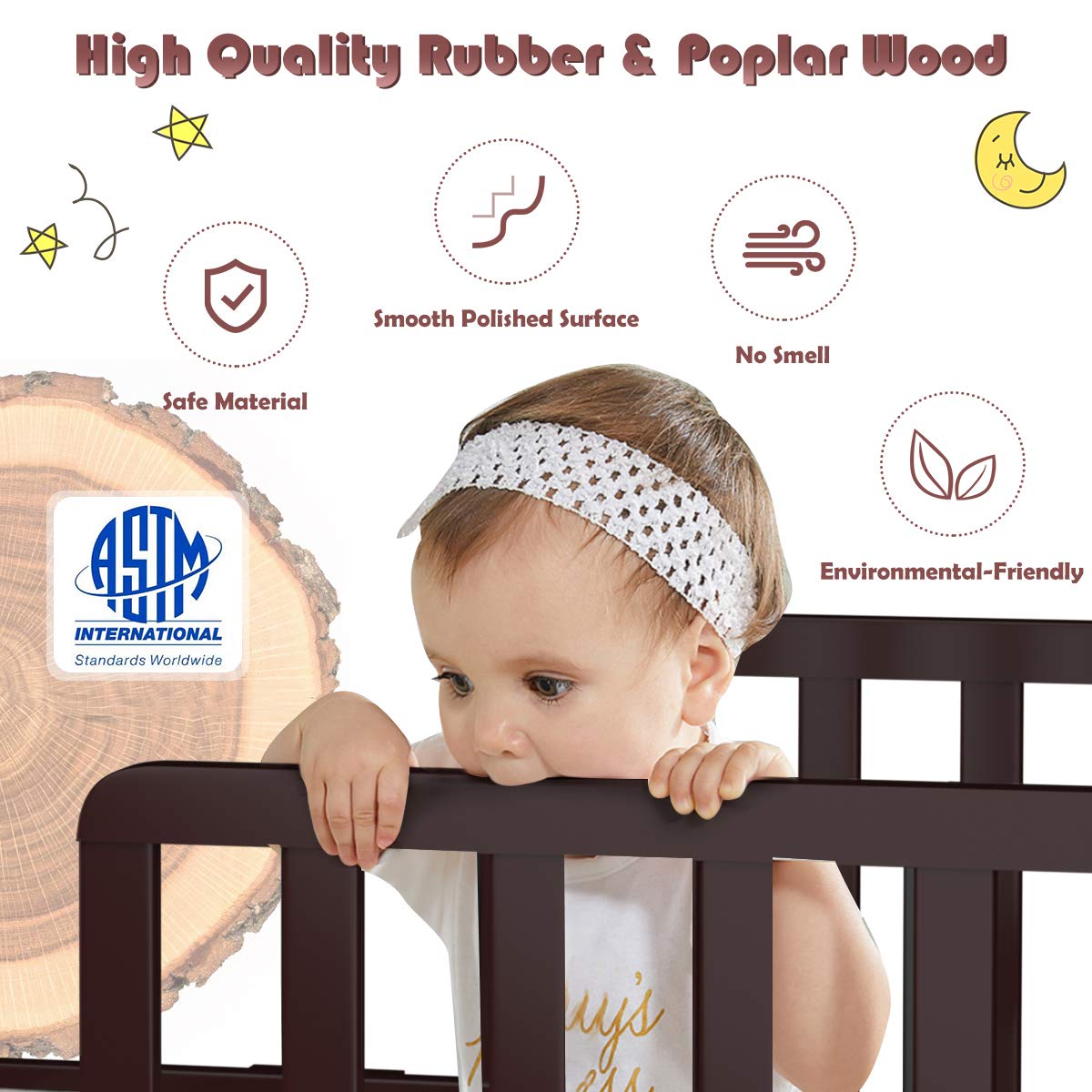 **HONEY JOY Toddler Bed Frame - Solid Rubber Wood with Safety Guardrail, Fits Full Size Crib Mattress (Not Included) - Classic Kids Bedroom Furniture for Boys & Girls (Brown) - Perfect for Nursery, Daycare, or Children's Bedroom**