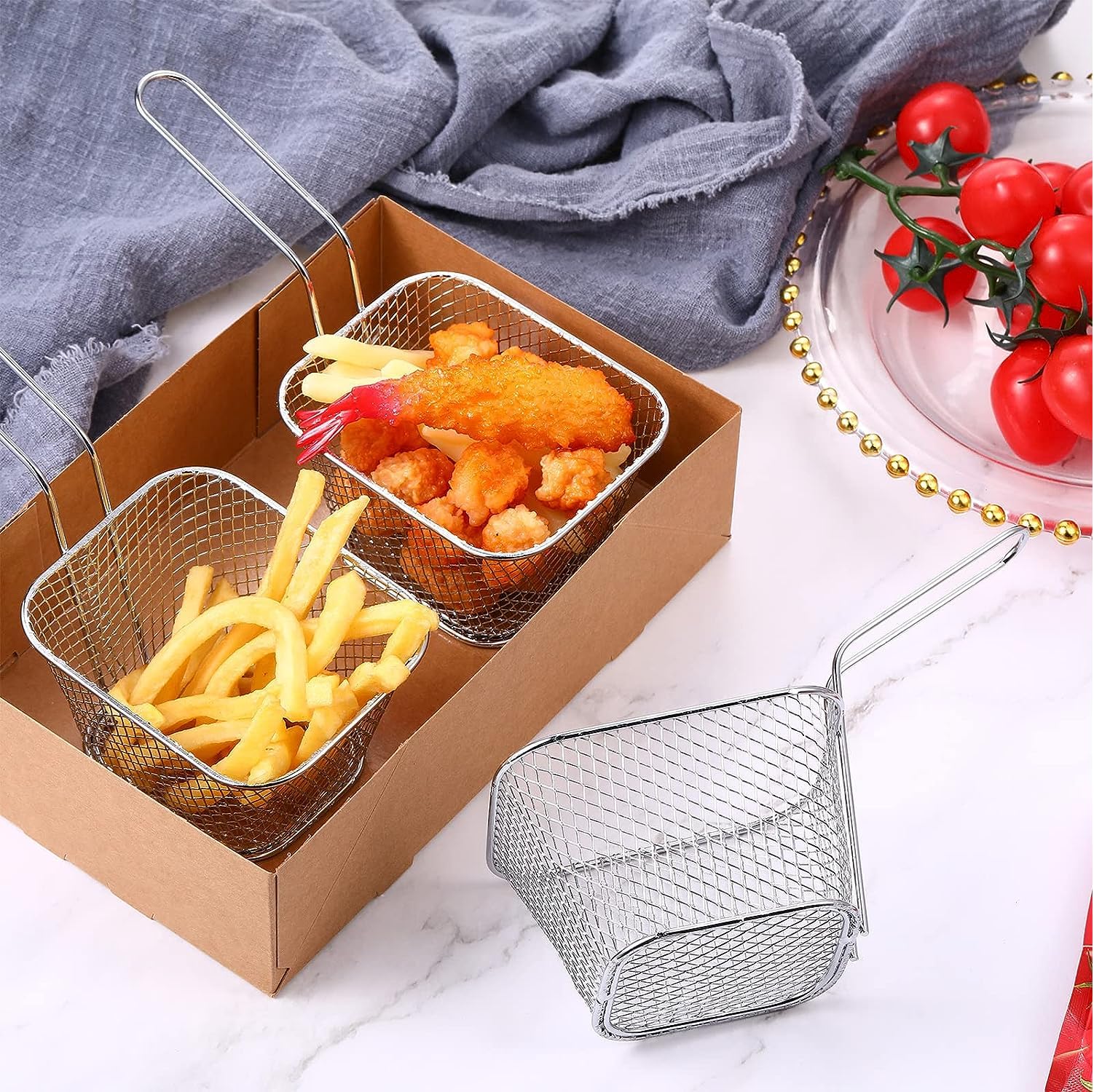 Stainless Steel Deep Fry Basket with Handles - Reusable French Fry Holder, Potato Chip Strainer & Cooking Tool for Kitchen (Silver, 1-Pack) - Perfect for Frying, Draining & Serving French Fries, Onion Rings & More