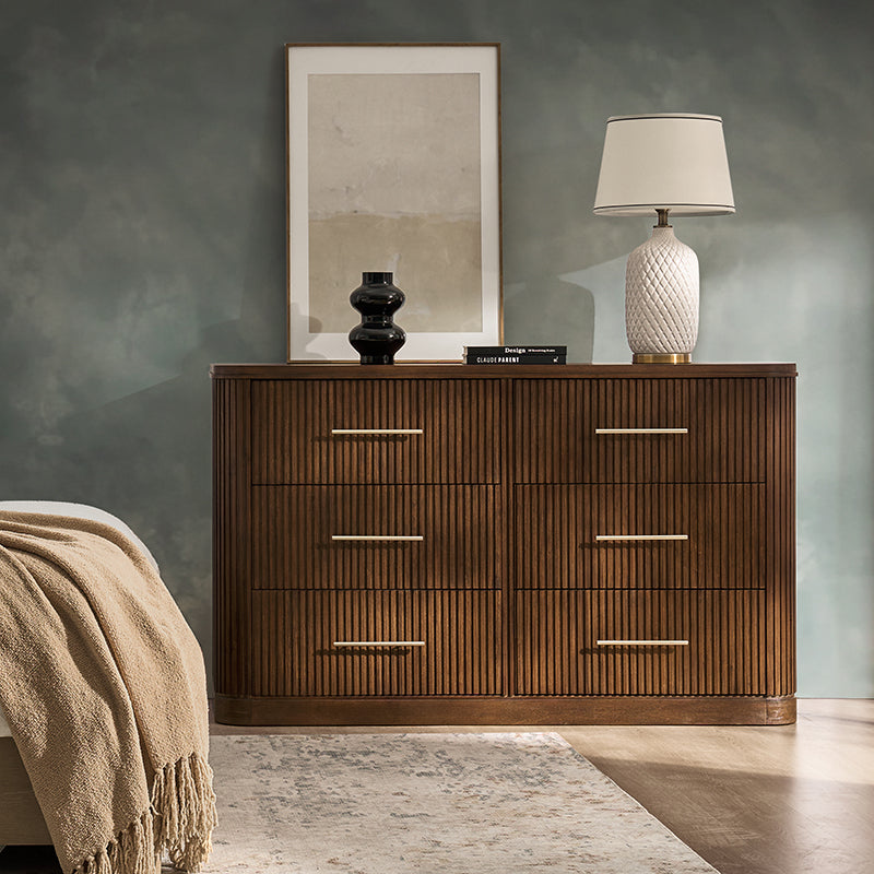 Modern Fluted Solid Wood Dresser with 6 Drawers - Oak Texture Bedroom Furniture for Master Bedroom, Guest Room & Nursery Storage