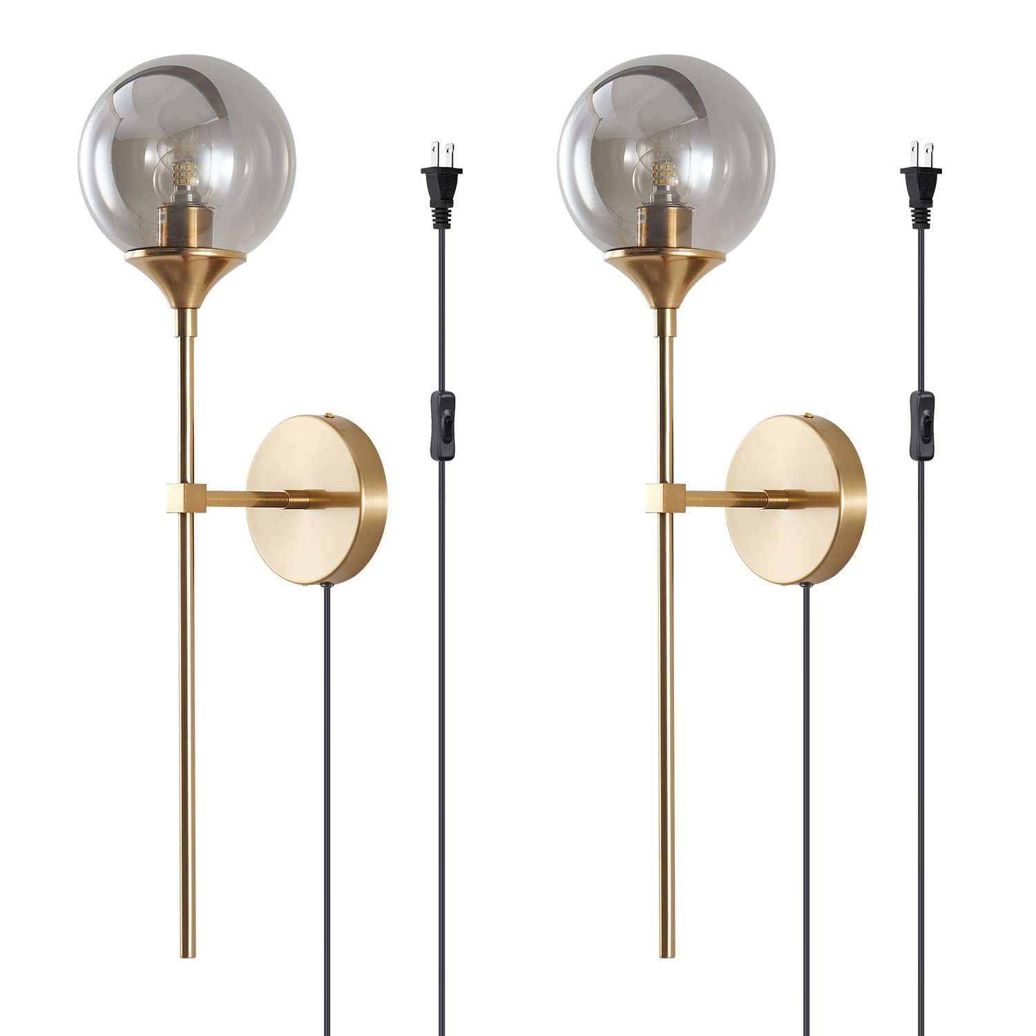 Modern Plug-in Wall Sconces Set of 2 - Smoke Gray Glass Globe Mid-Century Industrial Gold Wall Lights with On/Off Switch & Long Arm - Perfect for Bedroom, Stairway, Hallway & Living Room Lighting
