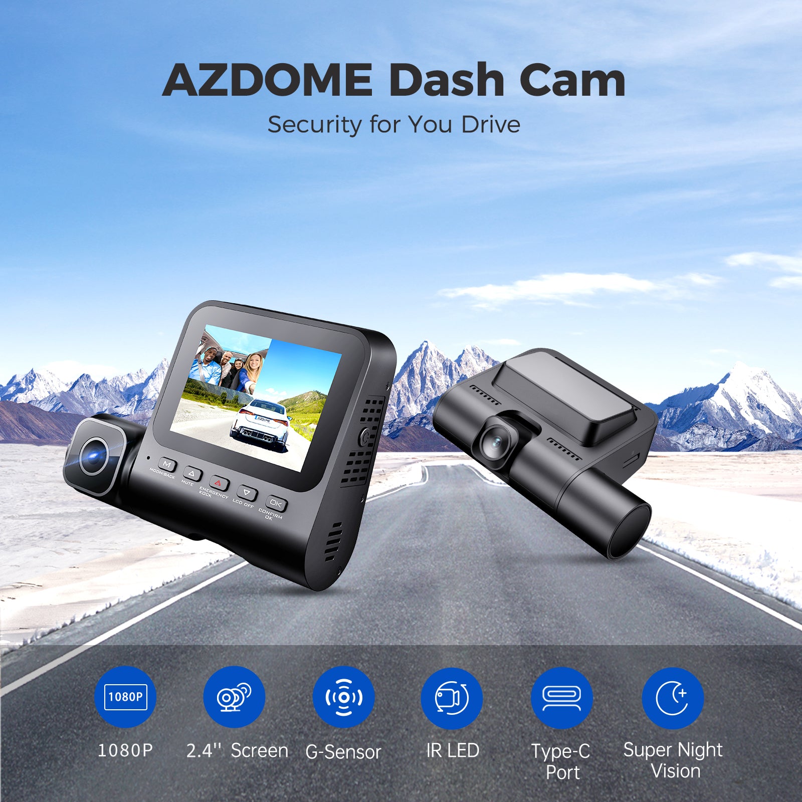 AZDOME V600 Dual Dash Cam Front and Rear - 1080P FHD Dashboard Camera with 2.4
