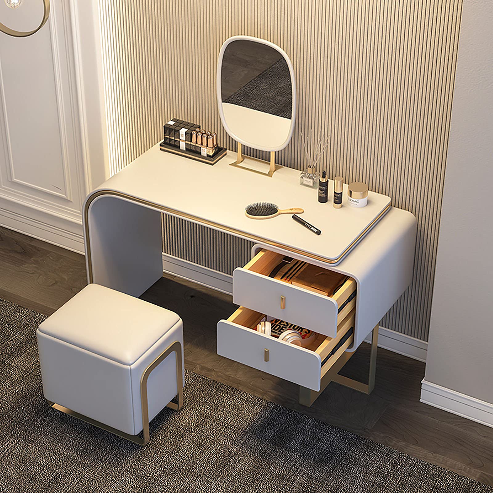Stylish Makeup Vanity Set with HD Mirror, Dressing Table & Stool - 2 Drawers for Cosmetics Storage | Perfect for Bedroom, Dressing Room & Beauty Salon Organization
