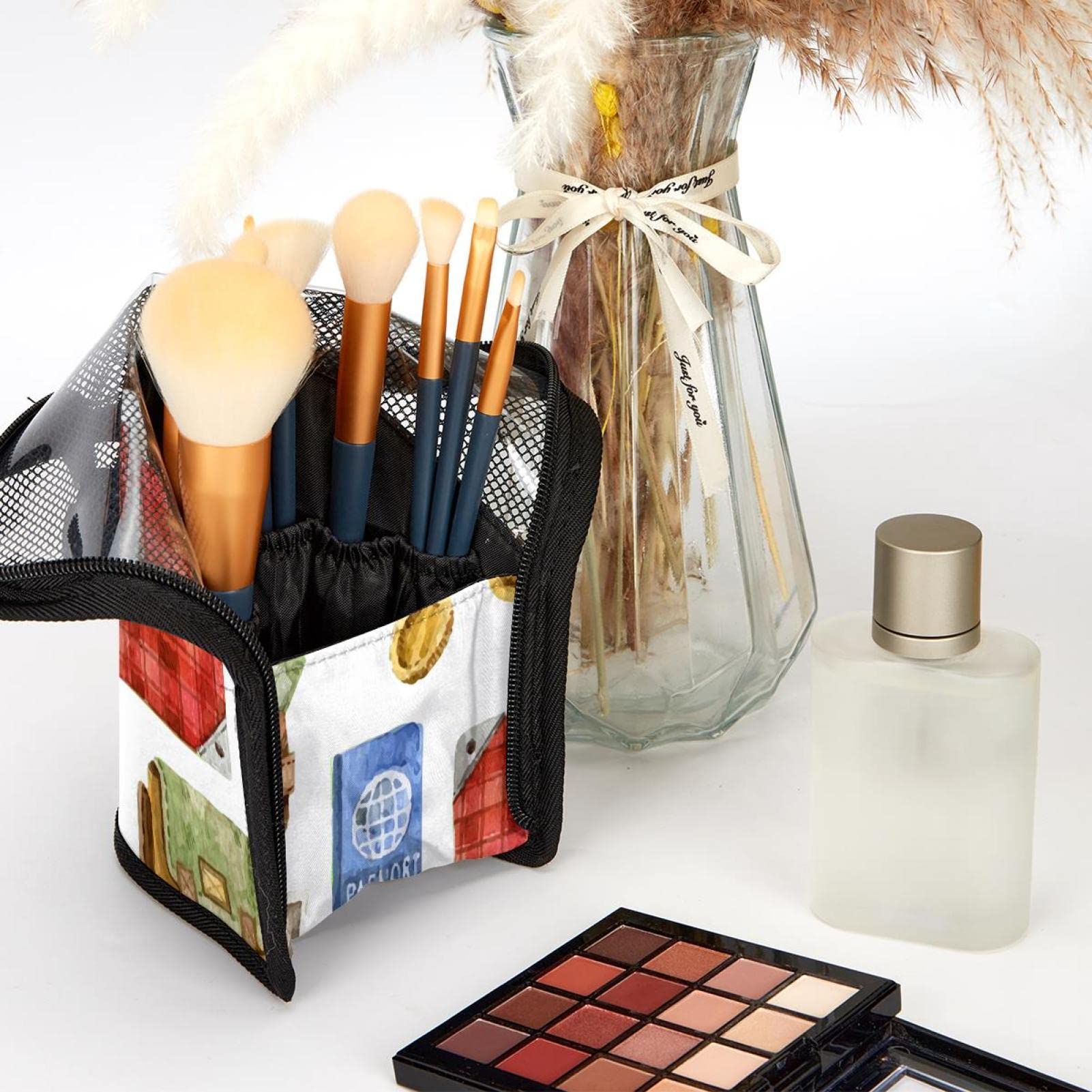 Vintage Suitcase Makeup Brush Organizer Bag with 12 Brush Slots - Portable Travel Cosmetic Brush Holder Case for Professional Makeup Artists & On-the-Go Beauty Essentials