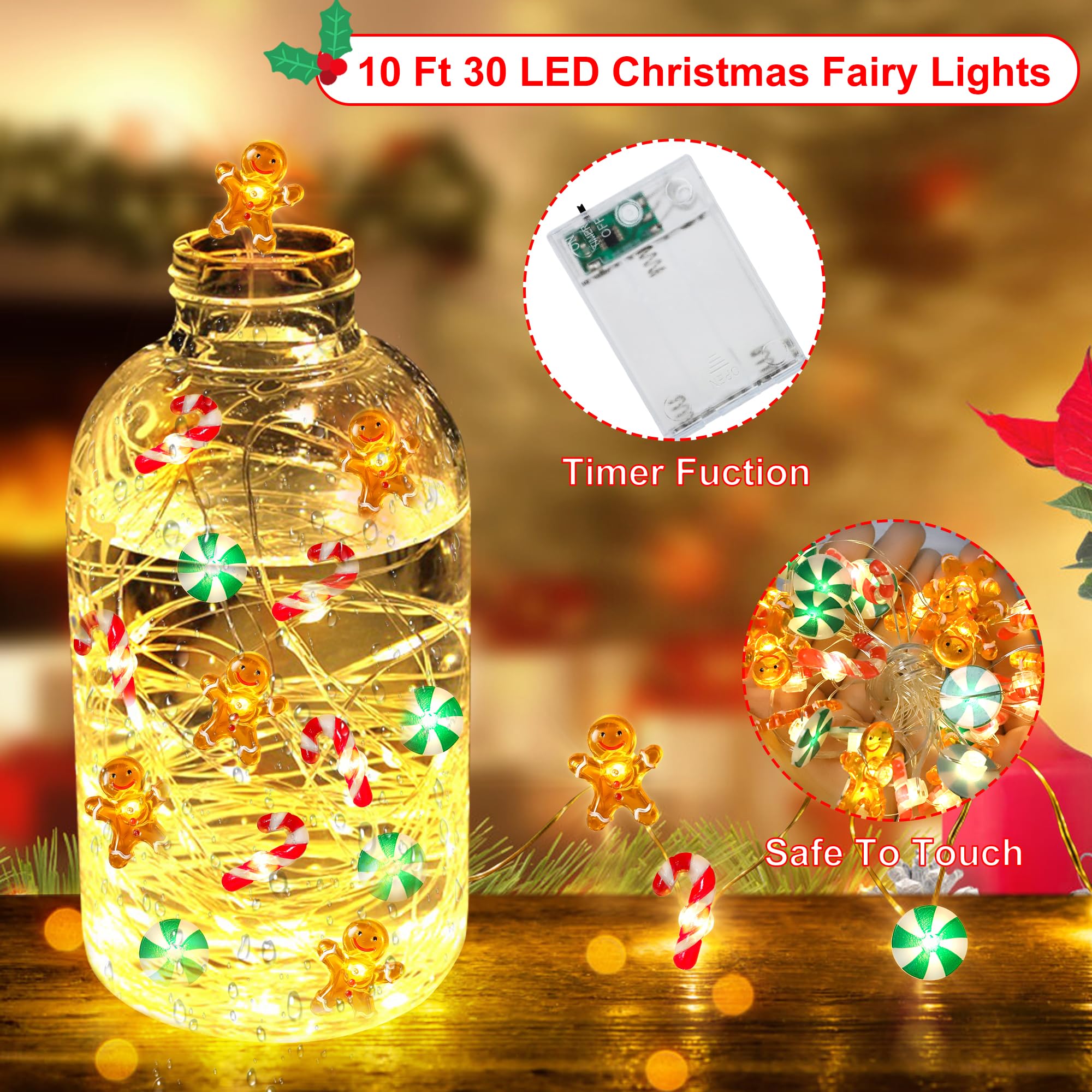 30 LED Christmas String Lights - 10 FT Battery Operated Fairy Lights with Gingerbread Man & Candy Cane Decorations | Indoor Holiday Decor for Christmas Tree, Home, Party & Gift Giving