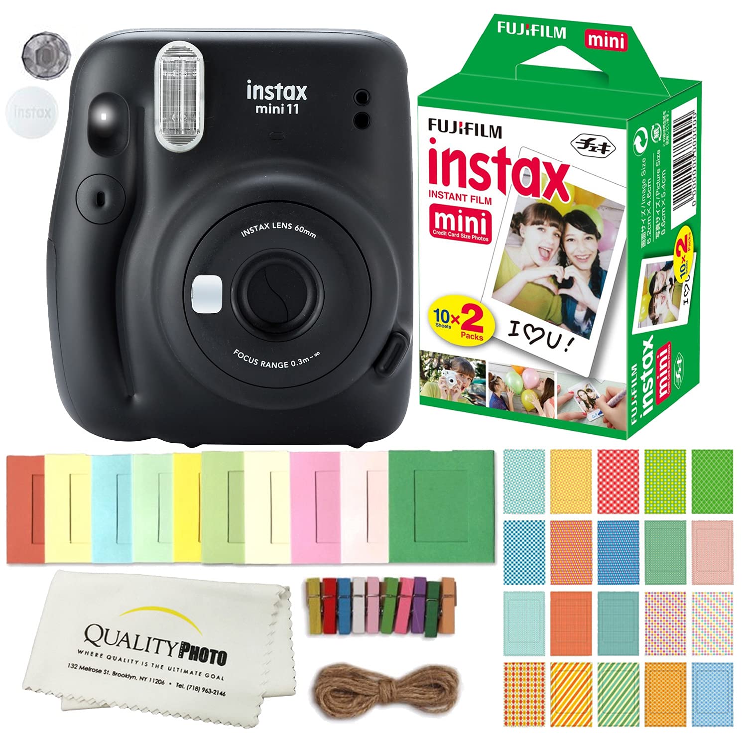 FUJIFILM INSTAX Mini 11 Instant Camera Kit with 20 Sheets Film, Stickers, Hanging Frames & Cleaning Cloth - Charcoal Gray | Perfect for Travel, Parties, Birthday Gifts & Memory Keeping