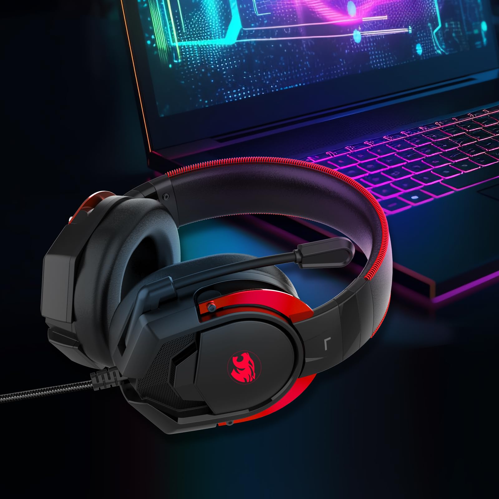 A88 Gaming Headset with Microphone - Stereo Wired Noise Cancelling Over-Ear Headphones for PC, PS5, Xbox Series X/S, PS4, Laptop, Mac, Nintendo Switch - Perfect for Gaming, Streaming & Online Classes (Red)