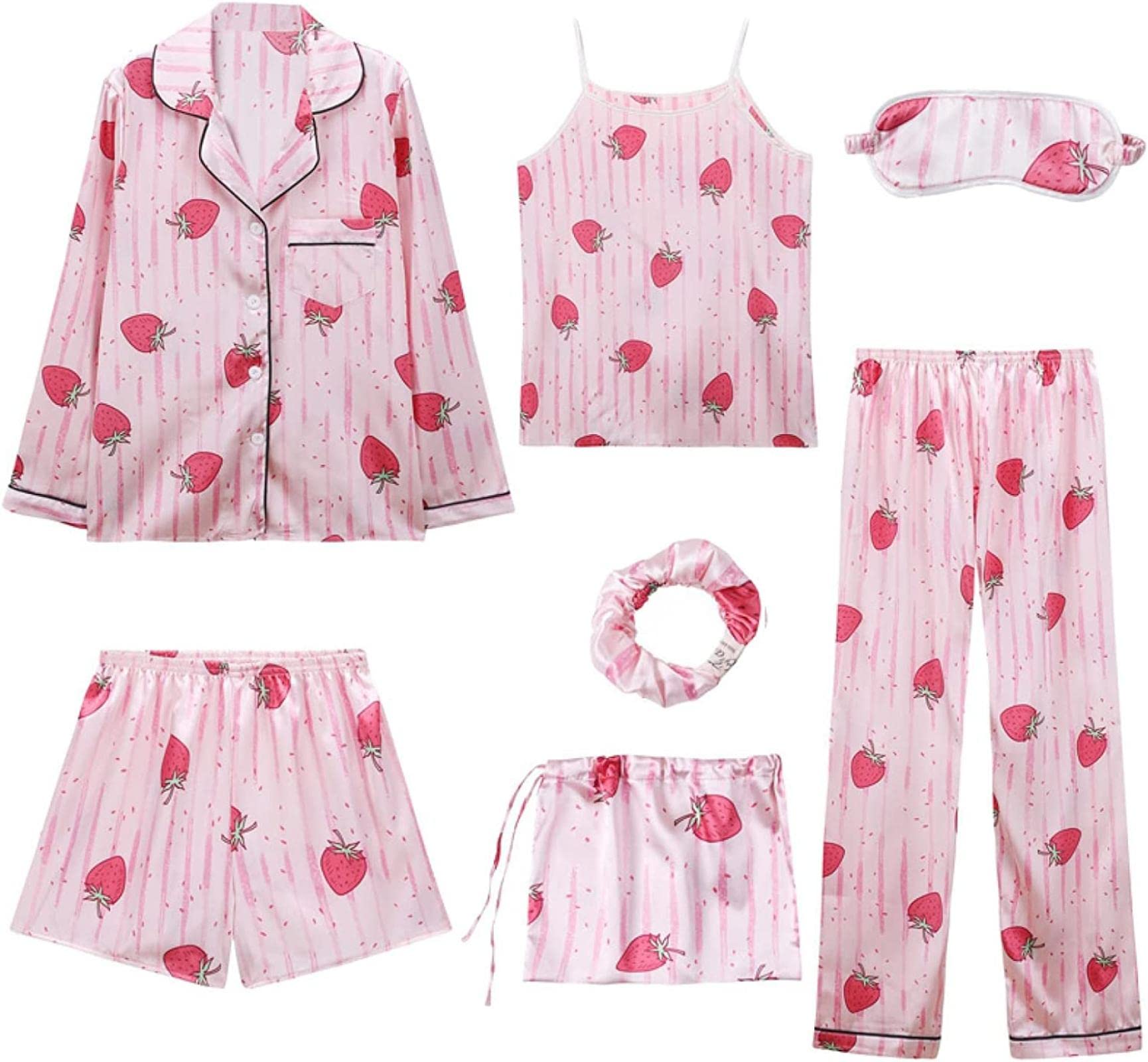 Women's 7-Piece Summer Satin Pajama Set with Suspenders - Soft Silk Sleepwear for Women - Comfortable Lounge & Home Wear - Perfect for Sleepovers, Relaxing at Home and Gift Giving
