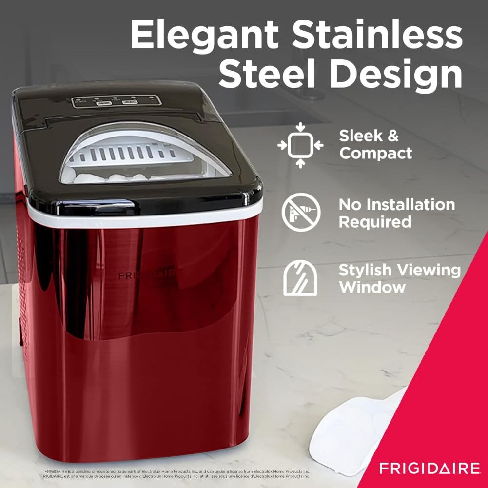 FRIGIDAIRE RIC117-SSRED Stainless Steel Countertop Ice Maker - Medium Red - Fast Ice Production for Home, Office, and Parties