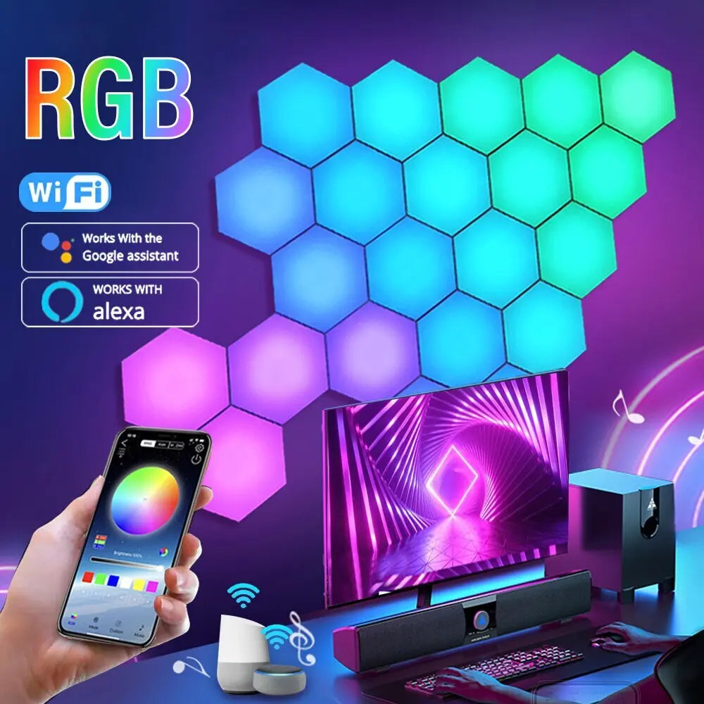 RGB LED Hexagon Wall Lights with WiFi & Bluetooth Control - Smart Home Decor for Bedroom, Gaming Room, and Party Lighting