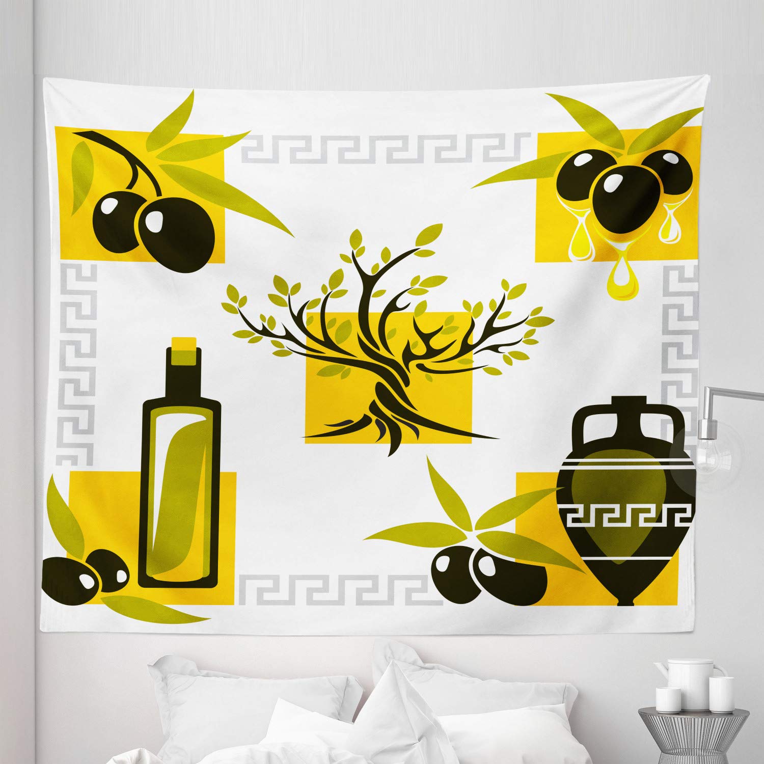 Ambesonne Olive Tapestry King Size 104x88 Inches - Bohemian Folk Inspired Wall Hanging, Bedspread & Bed Cover - White Mustard Home Decor for Living Room, Bedroom & Dorm