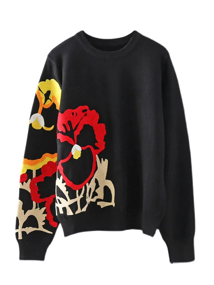 Boho Black Floral Embroidery Pullover Sweater for Women - Long Sleeve O-Neck Loose Knit Jumper Top for Autumn & Winter | Casual Outfits, Holiday Parties, Office Wear & Cozy Layering