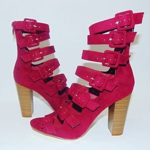 Sexy Strappy Peep Toe Chunky Heel Booties for Women - Elegant Wine Red Ankle Boots for Night Out, Party & Date Night