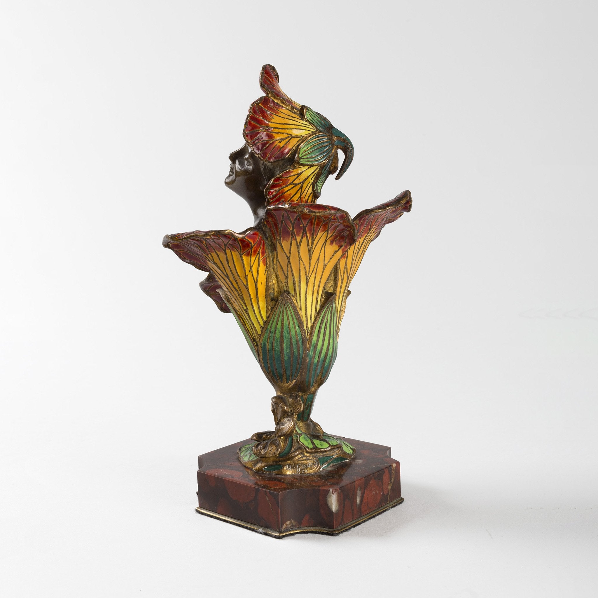 Henri Godet Enameled Bronze Femme Fleur Sculpture - Elegant French Art Deco Flower Woman Statue for Home Decor, Office & Garden