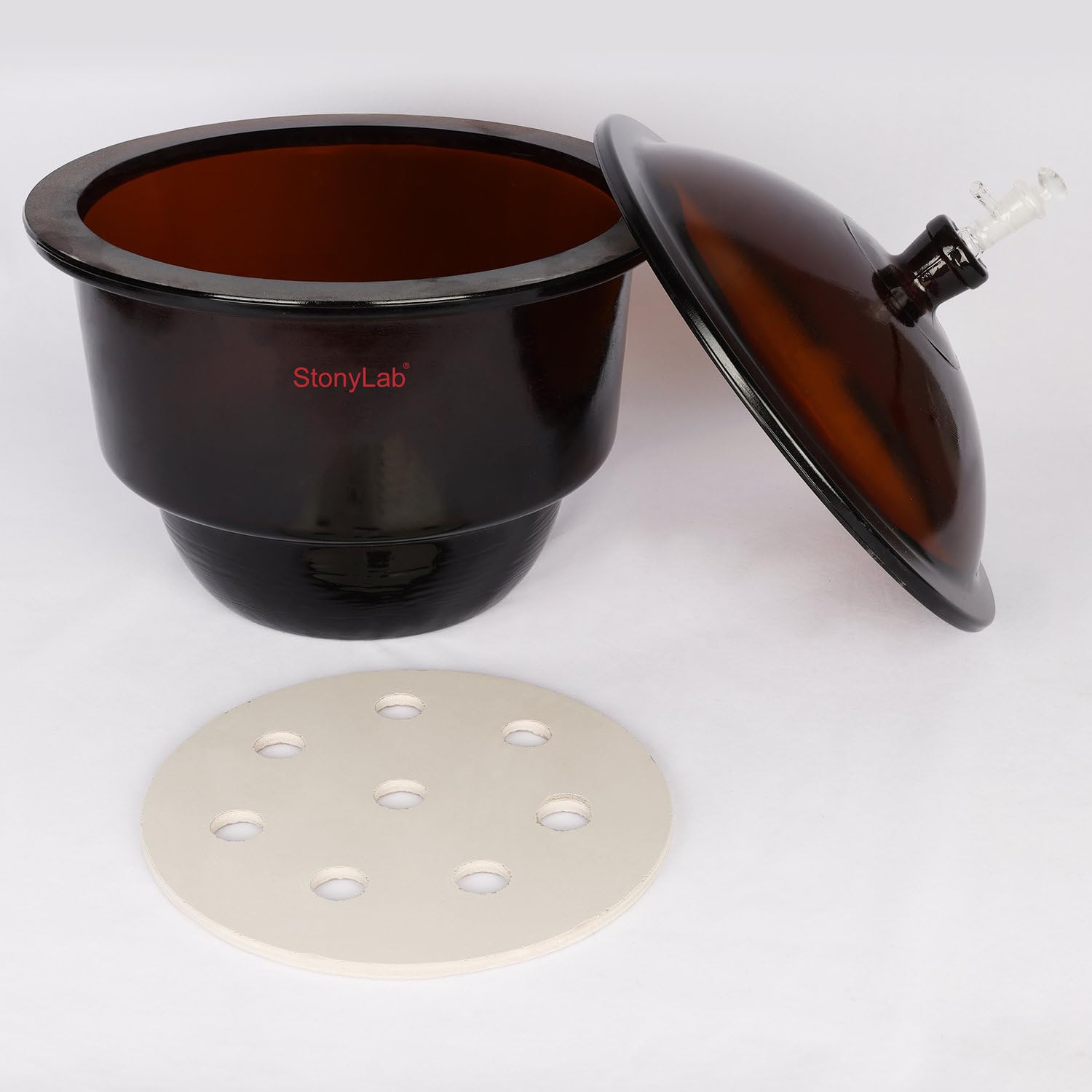Stonylab 11.8 Inch Amber Glass Vacuum Desiccator with Glass Vacuum Valve & Porcelain Plate - Ideal for Laboratory, Science Experiments, and Moisture-Sensitive Storage