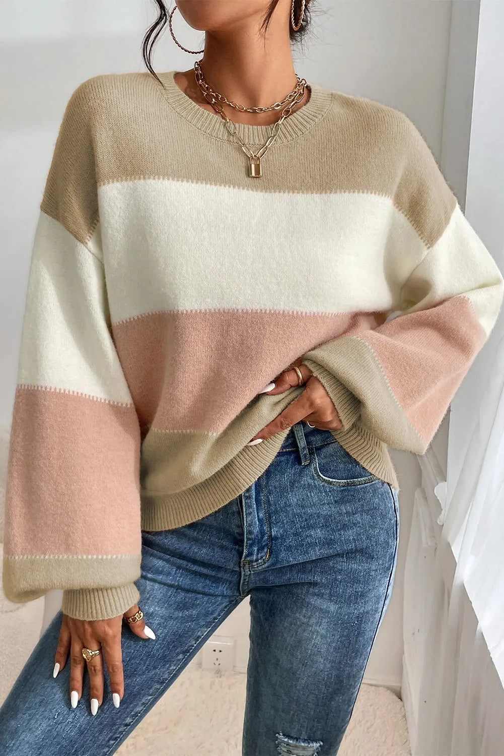 Stylish Color Block Round Neck Lantern Sleeve Sweater for Women | Trendy Knit Pullover | Perfect for Fall Outfits, Casual Wear & Office Fashion