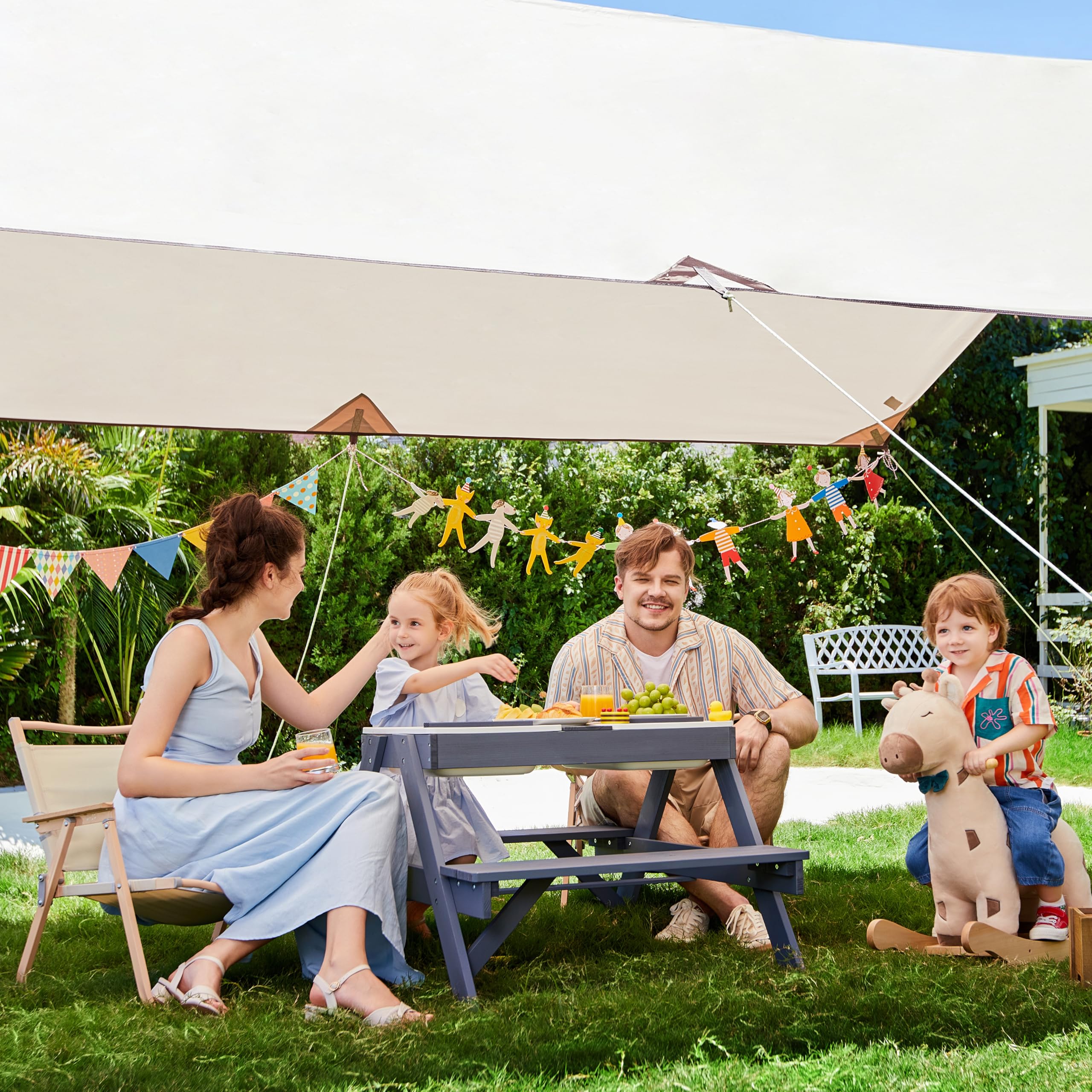 Beright 3-in-1 Adjustable Kids Picnic Table with Umbrella - Outdoor Wooden Sand & Water Sensory Play Table, Removable Tabletop & 3 Storage Bins - Perfect for Backyard, Patio, Park & Beach Playtime