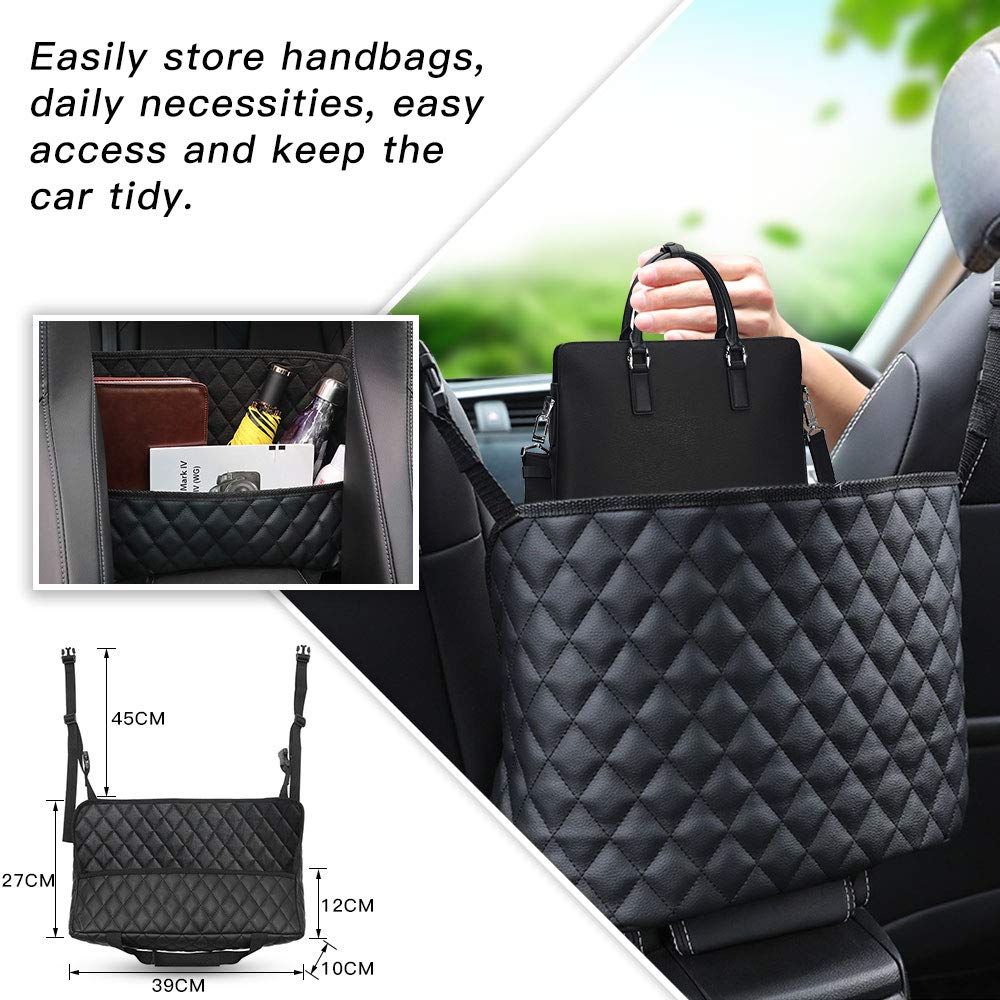 QBUC Car Handbag Holder - Premium Leather Seat Back Organizer with Large Mesh Storage Pockets, Backseat Barrier for Pets & Kids - Perfect for Purse, Phone, and Essentials Storage - Ideal for Road Trips, Commuting, and Family Travel