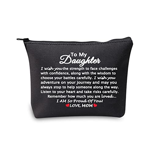 My Daughter Makeup Bag - Cute Cosmetic Pouch for Girls, Graduation & Birthday Gift from Mom - Travel Toiletry Case with 'To My Daughter' Print - Perfect for School, Travel & Daily Use (Black Canvas)