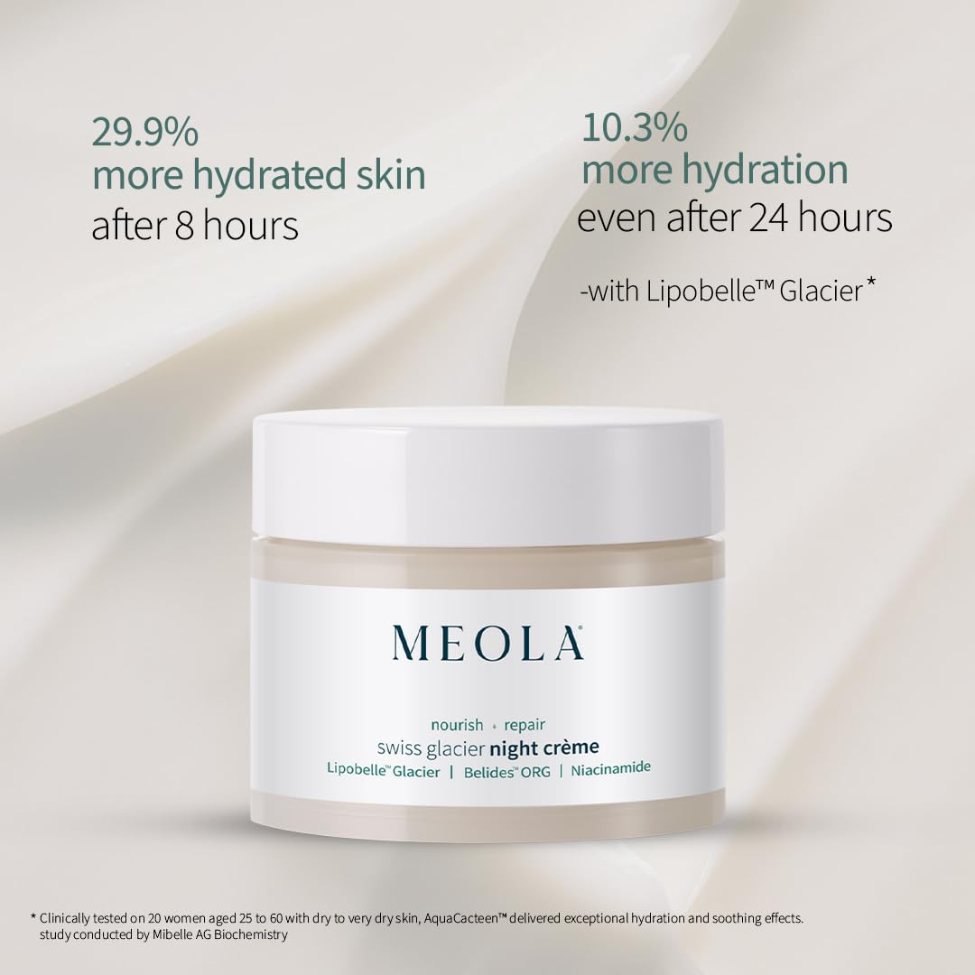 MEOLA Swiss Glacier Nourishing Night Cream 50g - Anti-Aging Face Moisturizer with Lipobelle Glacier, Niacinamide & Daisy Extract for Deep Hydration, Brightening & Collagen Boost - Non-Comedogenic, Paraben-Free - Perfect for Dry & Mature Skin Night Care Routine