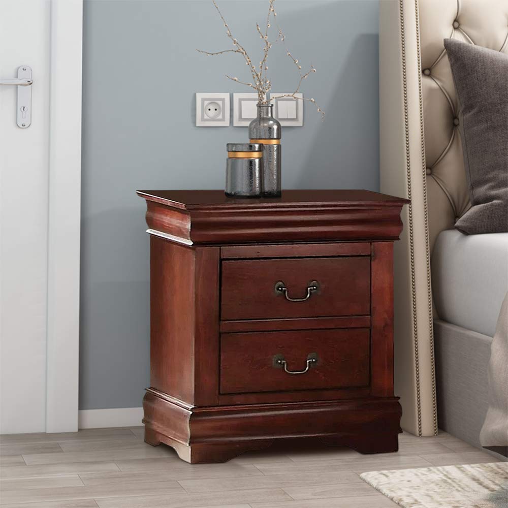 Vintage Cherry Finish Nightstand with 2 Drawers - Solid Wood Bedside End Table with Retro Handles - Traditional Bedroom Storage Chest - Fully Assembled Delivery - Perfect for Bedrooms, Guest Rooms & Dorm Decor