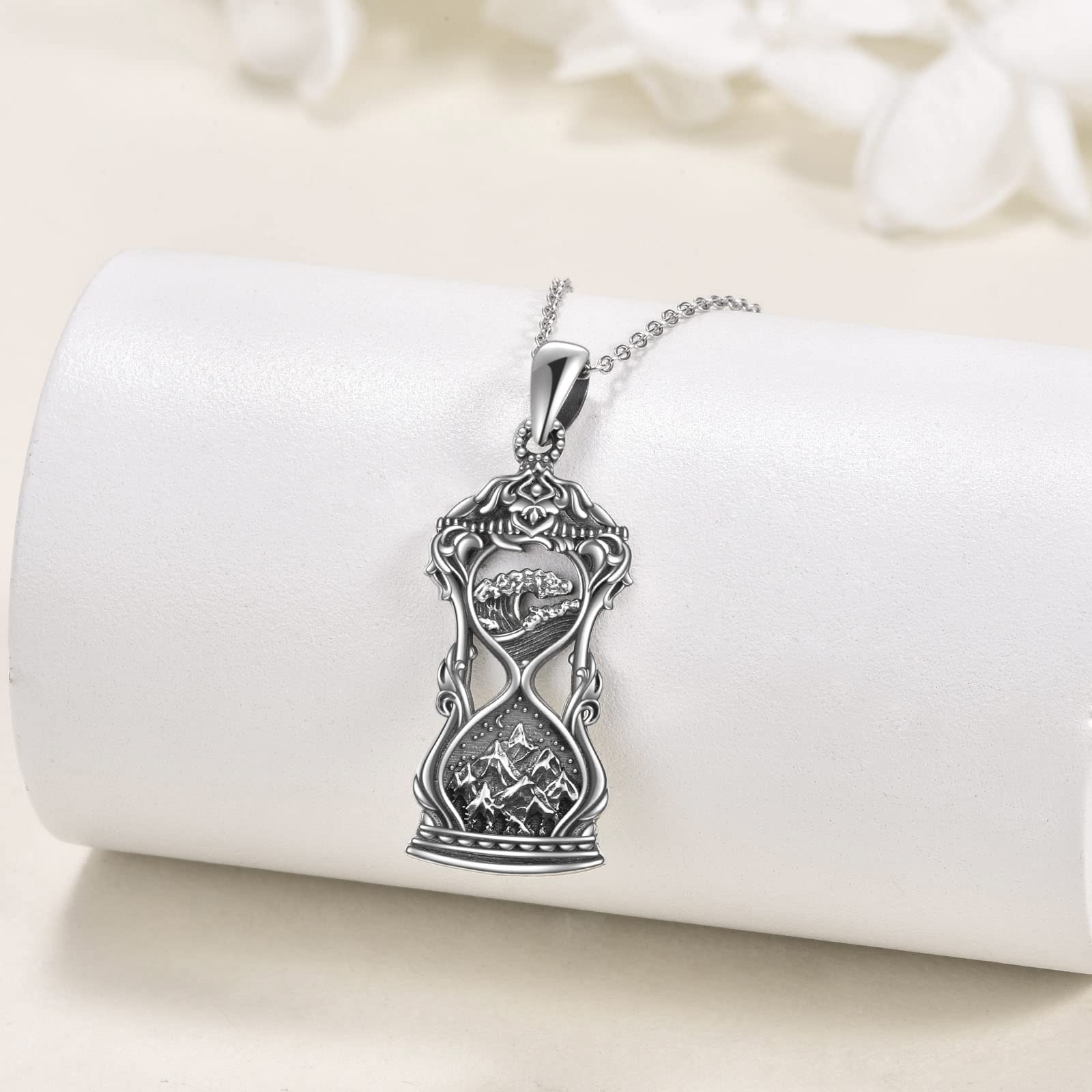 925 Sterling Silver Mountain Wave Pendant Necklace with Hourglass Charm - Elegant Nature-Inspired Jewelry for Women, Perfect for Daily Wear, Gifts & Special Occasions